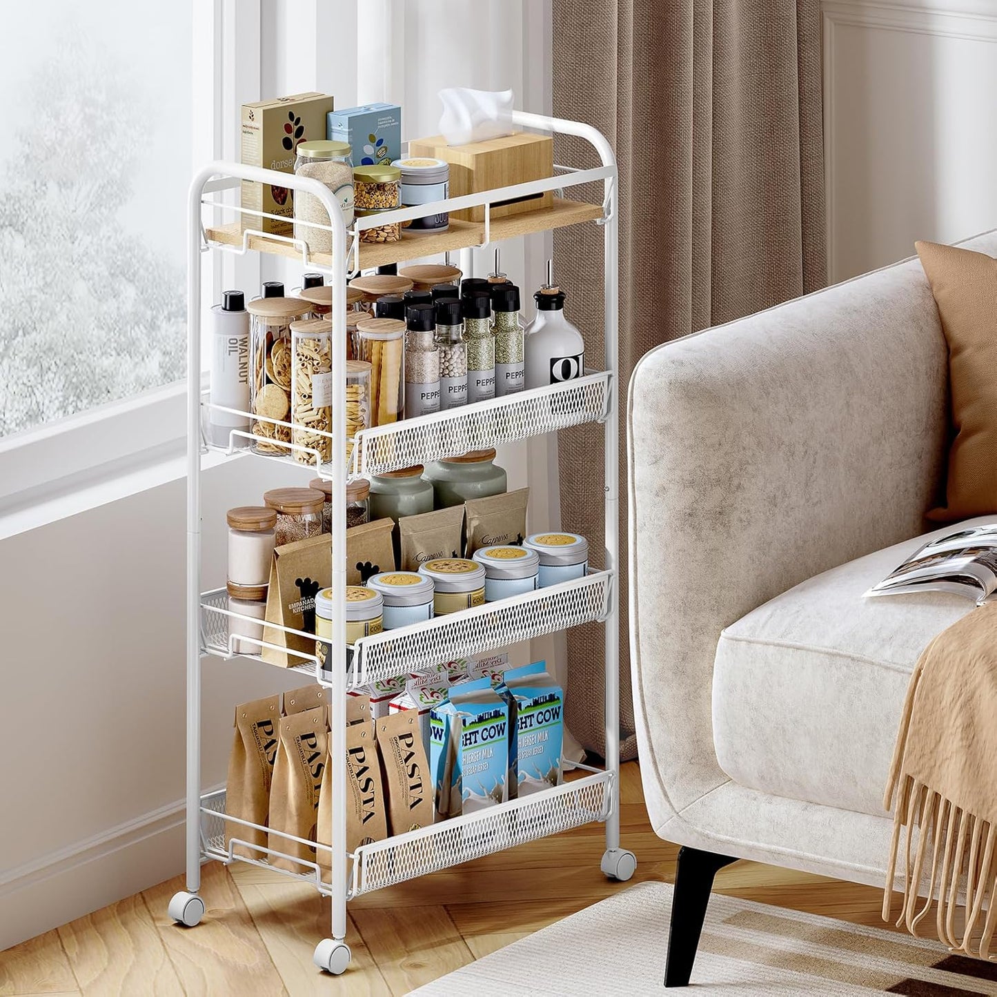 KINGRACK Metal Wide Rolling Cart, 4-Tier Metal Utility Cart, Storage Cart with Wooden Tabletop, for Laundry Bathroom Kitchen Room Bedroom Apartments Dormitory (Pure White, Wide)