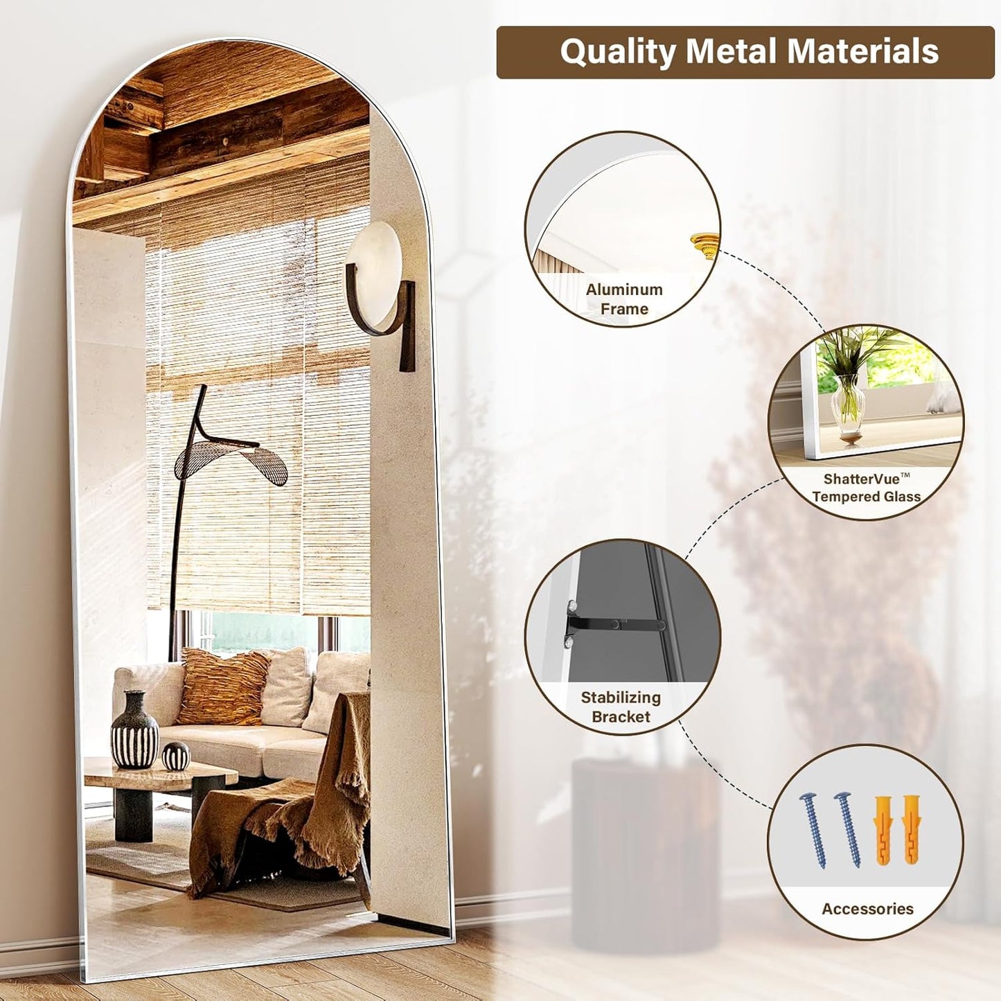 24x68 Arched Full Length Mirror Floor Mirrors with Aluminum Alloy Frame Free-Standing Wall Mounted Floor Mirrors or Large Dressing Mirror, Silver Mirror Full Length