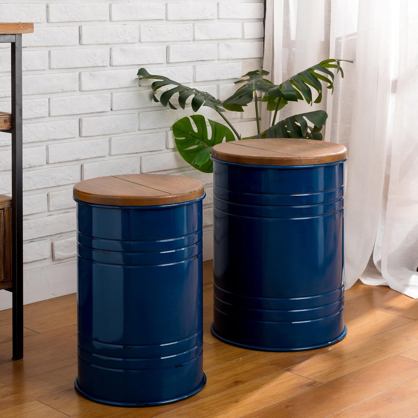 Glitzhome Farmhouse Accent Side Table, Metal Storage Stool Ottoman with Round Lid - Galvanized Coffee Cocktail End Tables Set of 2 for Living Room Bedroom, Navy Blue
