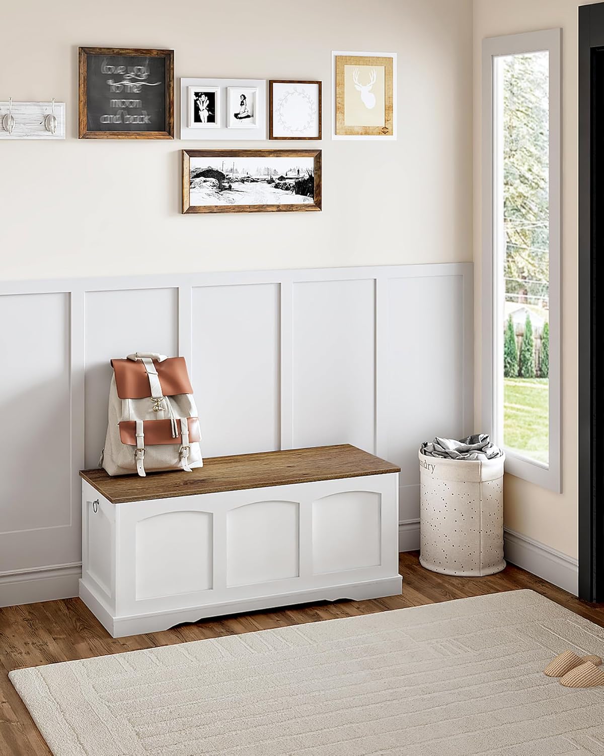 39.4" Storage Chest Bench with Lift Lid, Toy Chest with Safety Hinge, Entryway Shoe Bench, Wooden Storage Trunk, Holds up to 220 lb, for Living Room, Bedroom, Hall, White and Walnut MCW12WL