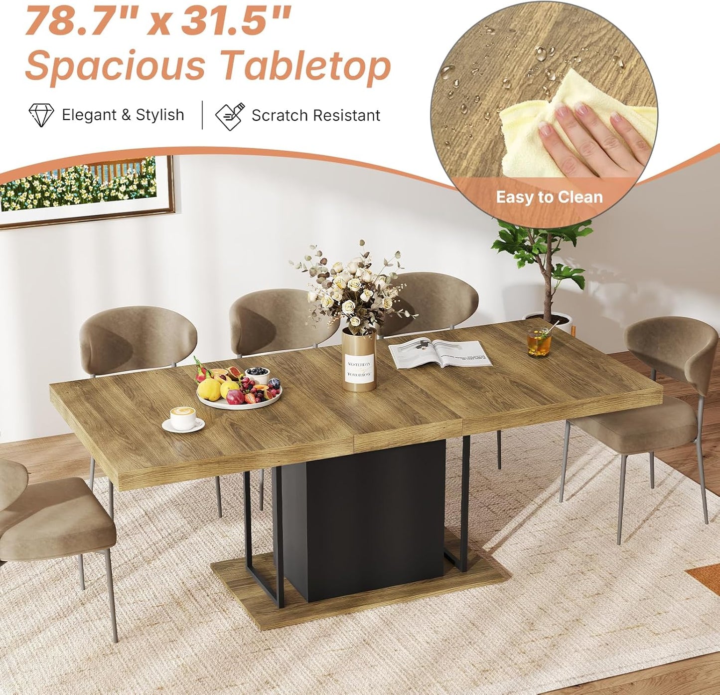 63"-78.7" Expandable Dining Tables, 6-10 Farmhouse Kitchen Table, Extendable Dining Room Table, Rectangular Thick Top with Metal Track, Central Column Base for Living Room, Office-Brown