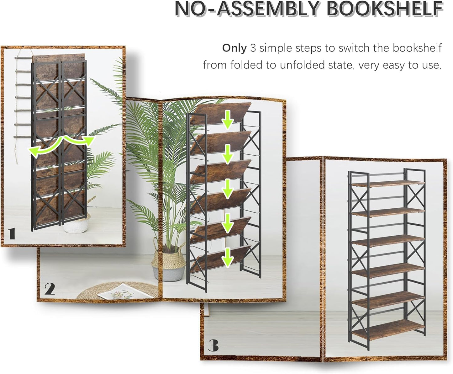 4NM 6 Tiers No Assembly Book Shelves, 61.8" H Folding Bookshelf Bookcase Open Industrial Foldable Shelves for Bedroom, Living Room, Home Office - Rustic Brown Black