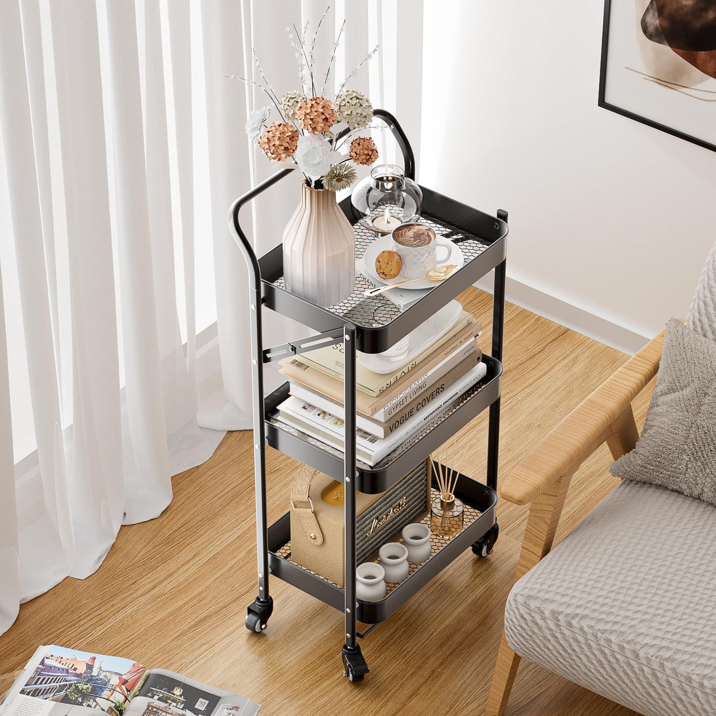 JAQ Foldable Rolling Cart, 3-Tier Metal Folding Storage Utility Carts Basket Rack with Removable Handle on Wheels for Snacks Books Fruits for Kitchen Dorm Pantry Bathroom - (Black, 3-Layer)