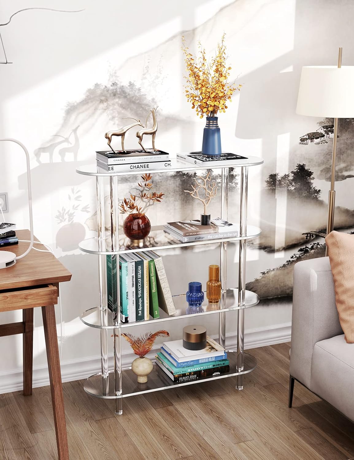 Clear Bookshelf, Acrylic Bookcase with Open Book Shelf Console Table for Entryway Office Living Room Bedroom (4 Tier Clear)