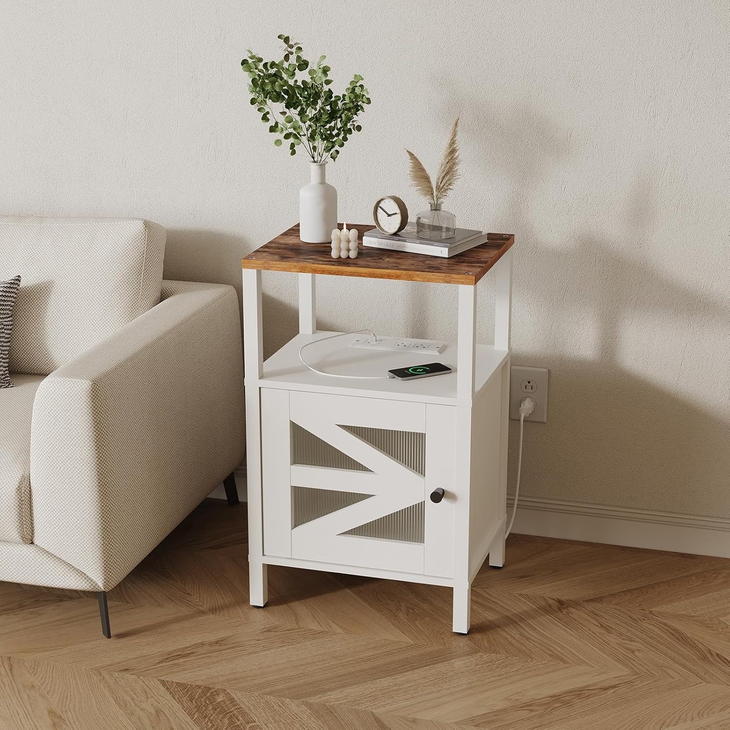 Farmhouse Nightstand with Charging Station, White Bedside Table with USB&Type-C Ports and Outlets, End Table with Storage, Acrylic Door, for Bedroom, White and Rustic Brown ETRW97E01