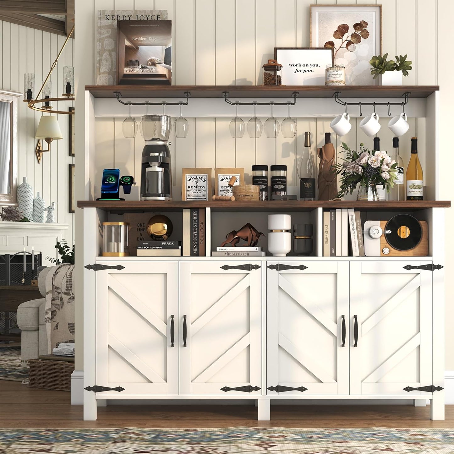 Buffet Sideboard with Storage Hutch with Power Outlets 4 Doors, Large Farmhouse Kitchen Storage Cabinet Wood Coffee Bar Cabinet with Goblet Holder and Cup Hooks for Kitchen, Dining Room, Entryway