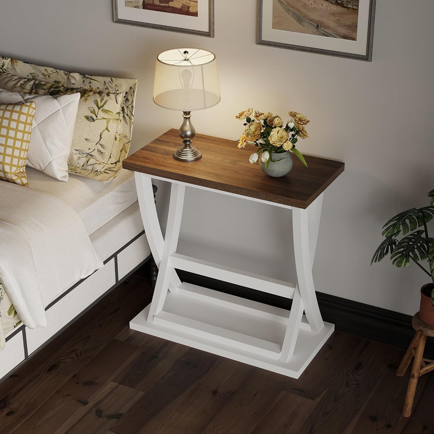 ChooChoo Farmhouse End Table, Narrow Side Table with Storage Shelf, Modern X-Design Slim End Table for Living Room,Bedroom, Small Space, 11.8" D*23.6" W*23.4" D