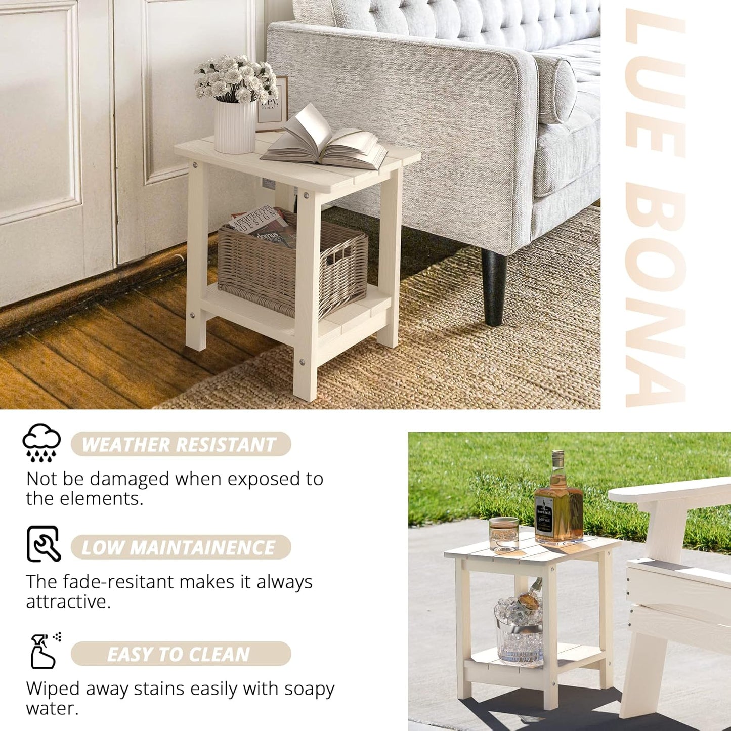 LUE BONA Adirondack Outdoor Side Table, 2-Tier Sand HDPS Patio End Table Weather Resistant, Morden Side Table for Patio, Pool, Porch