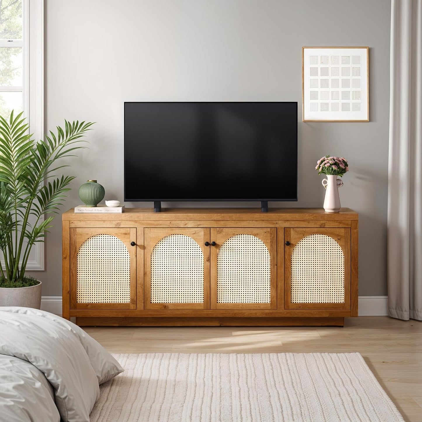 Walker Edison Sasha 4-Door Sideboard Buffet with Arched Rattan Panels, 70 Inch, English Oak