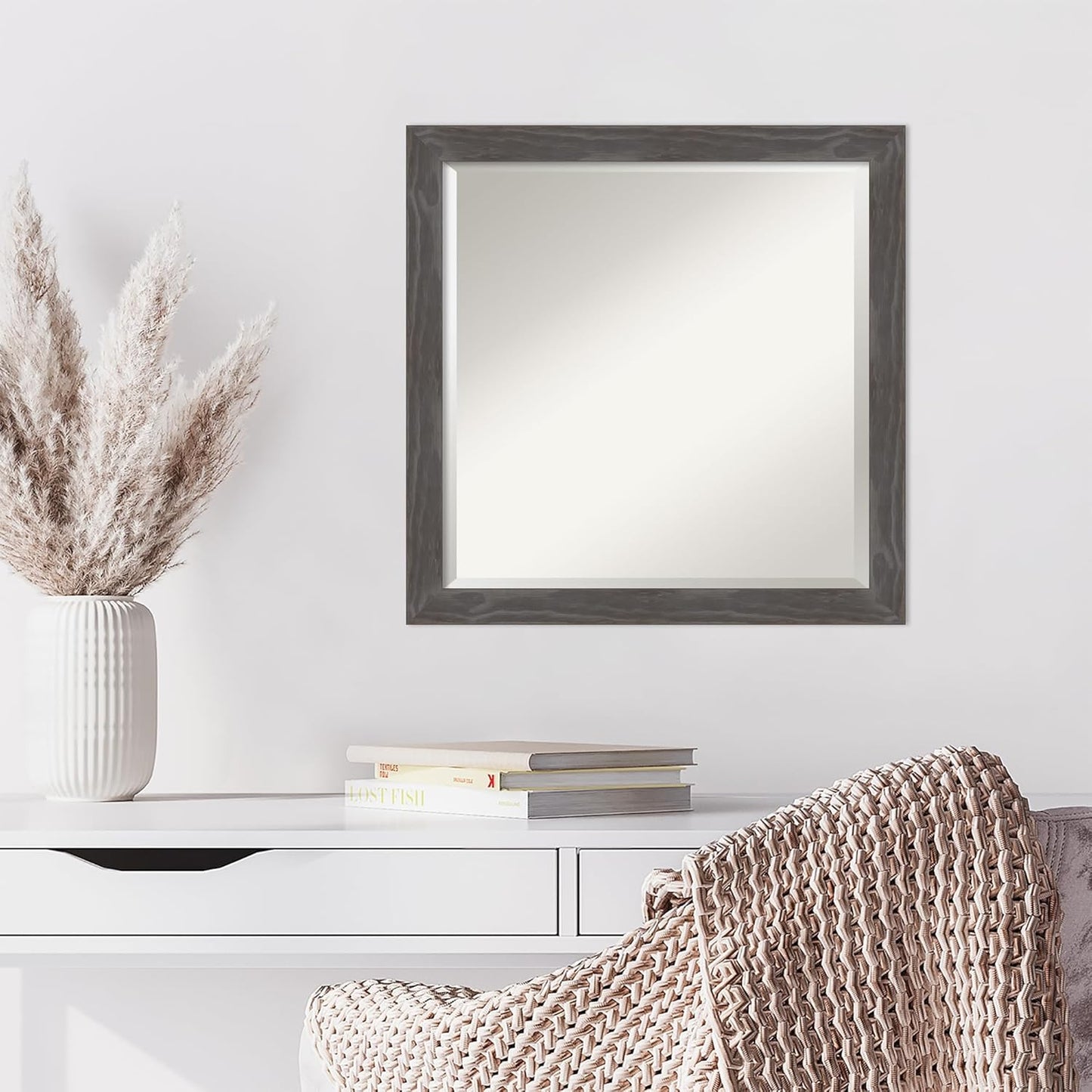 Amanti Art Grey Wall Mirror 23x23 Woodridge Rustic Grey Square Bathroom Mirror for Wall Decor Living Room, Medium Rustic Farmhouse Wood Frame, Hangs Horizonally and Vertically, Bathroom Decor, Beveled