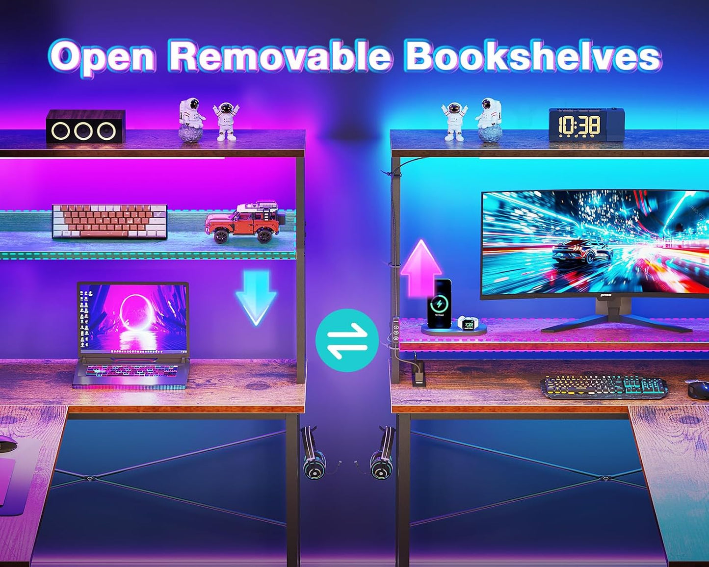 AODK L Shaped Desk Gaming Desk with LED Light & Power Outlet, 53 Inch Reversible L Shaped Computer Table with Shelf & Storage Bag & Hook for Home Office, Vintage