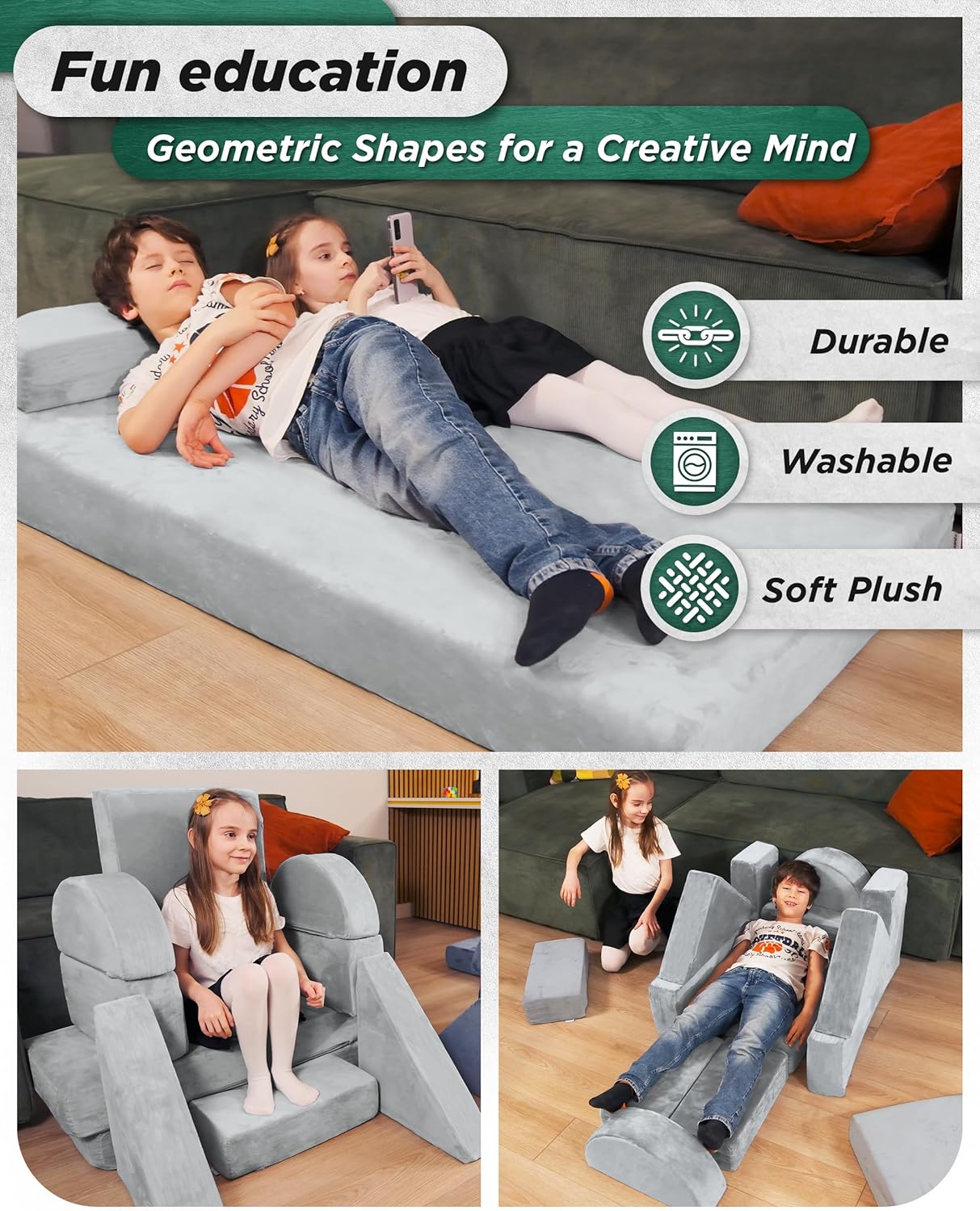 Lunix LX22 11pcs Modular Kids Play Couch, Child Sectional Sofa, Fortplay Bedroom and Playroom Furniture for Toddlers, Convertible Foam and Floor Cushion for Boys and Girls, Gray