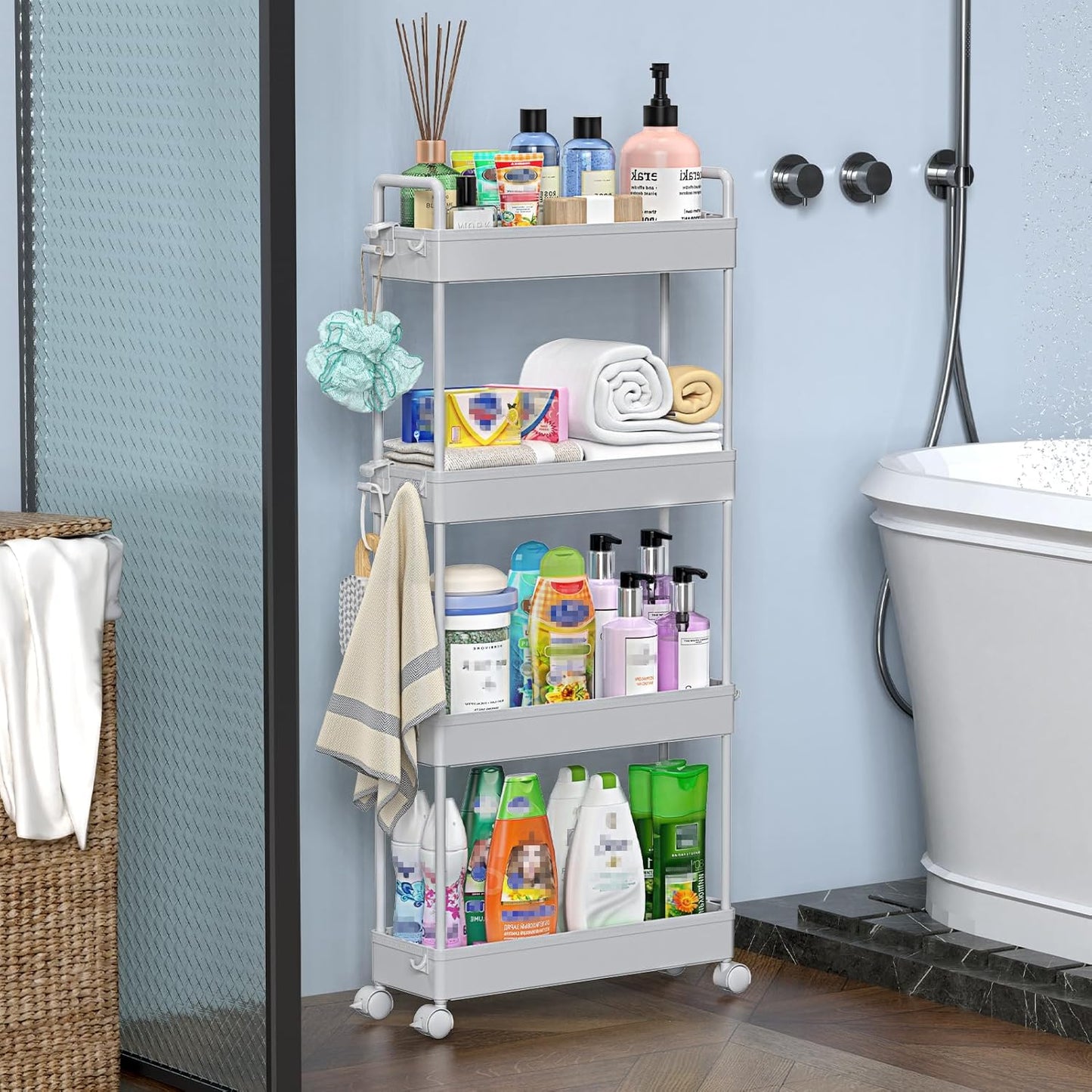 SOLEJAZZ Slim Rolling Storage Cart with Wheels 4 Tier Skinny Bathroom Storage Organizer Narrow Shelf Unit Thin Laundry Room Utility Cart for Bedside Kitchen Office Next to Fridge Small Places, Gray