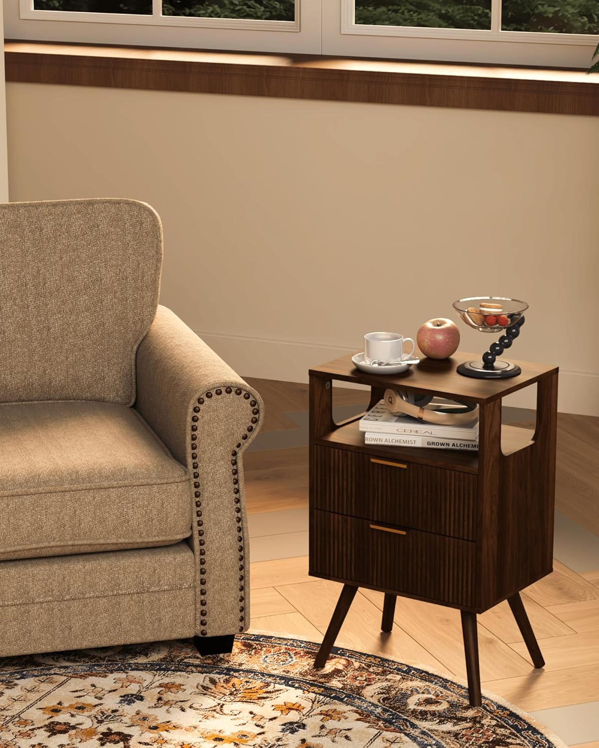 Nightstand,Modern Bedside Table with 2 Storage Drawer and Open Wood Shelf, for Bedroom and Small Spaces,Night Stand with Solid Wood Legs,Walnut Brown