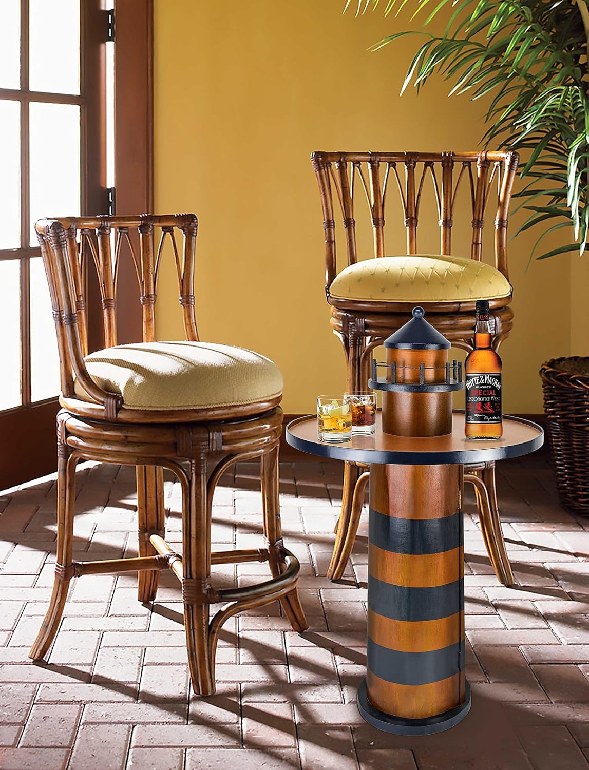 SAILINGSTORY Wooden Lighthouse Nautical Round Coffee Table Beach Coastal End Table Side Table with Storage