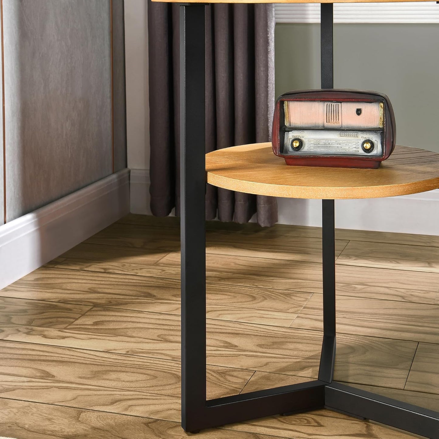 MODERION Round End Table with Storage, Solid Wood & Black Metal Frame, 19.3"L x 19.3"W x 24"H, Natural Wood & Black, 130 lbs Capacity