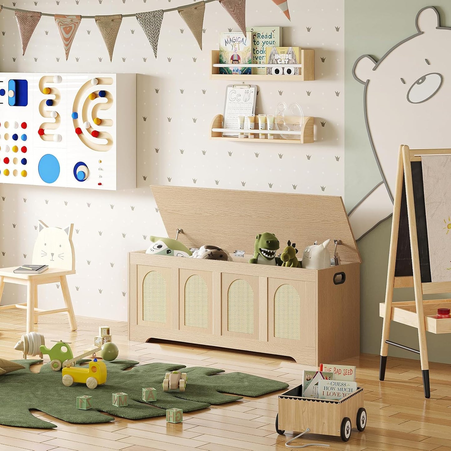 DINZI LVJ Storage Chest, 47.2" Rattan-Like Toy Box with 2 Safety Hinges, Wooden Entryway Storage Bench with Flip-Top, Large Trunk for Living Room, Bedroom, Easy Assembly, Natural