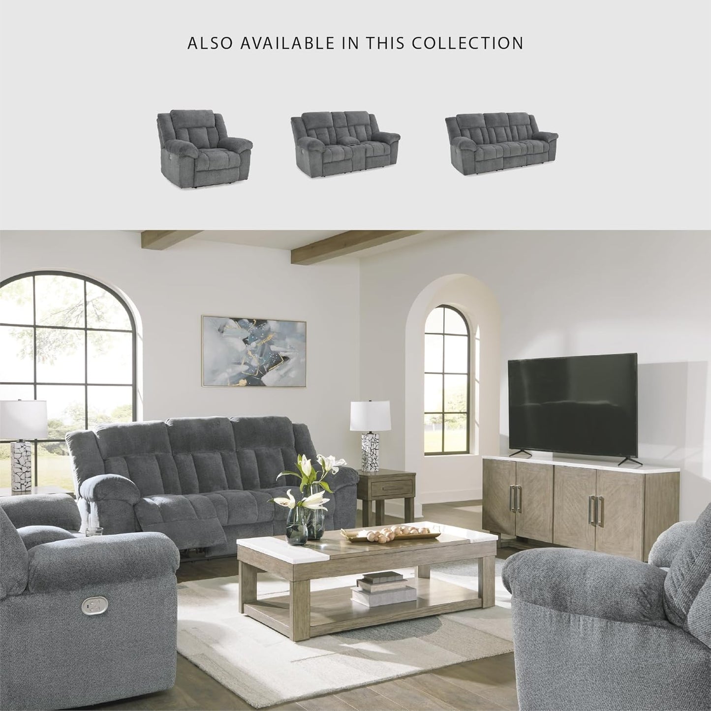 Signature Design by Ashley Tip-Off Modern Wall Hugger Power Reclining Loveseat with Adjustable Headrest, USB Ports, Storage and Cup Holders, Gray