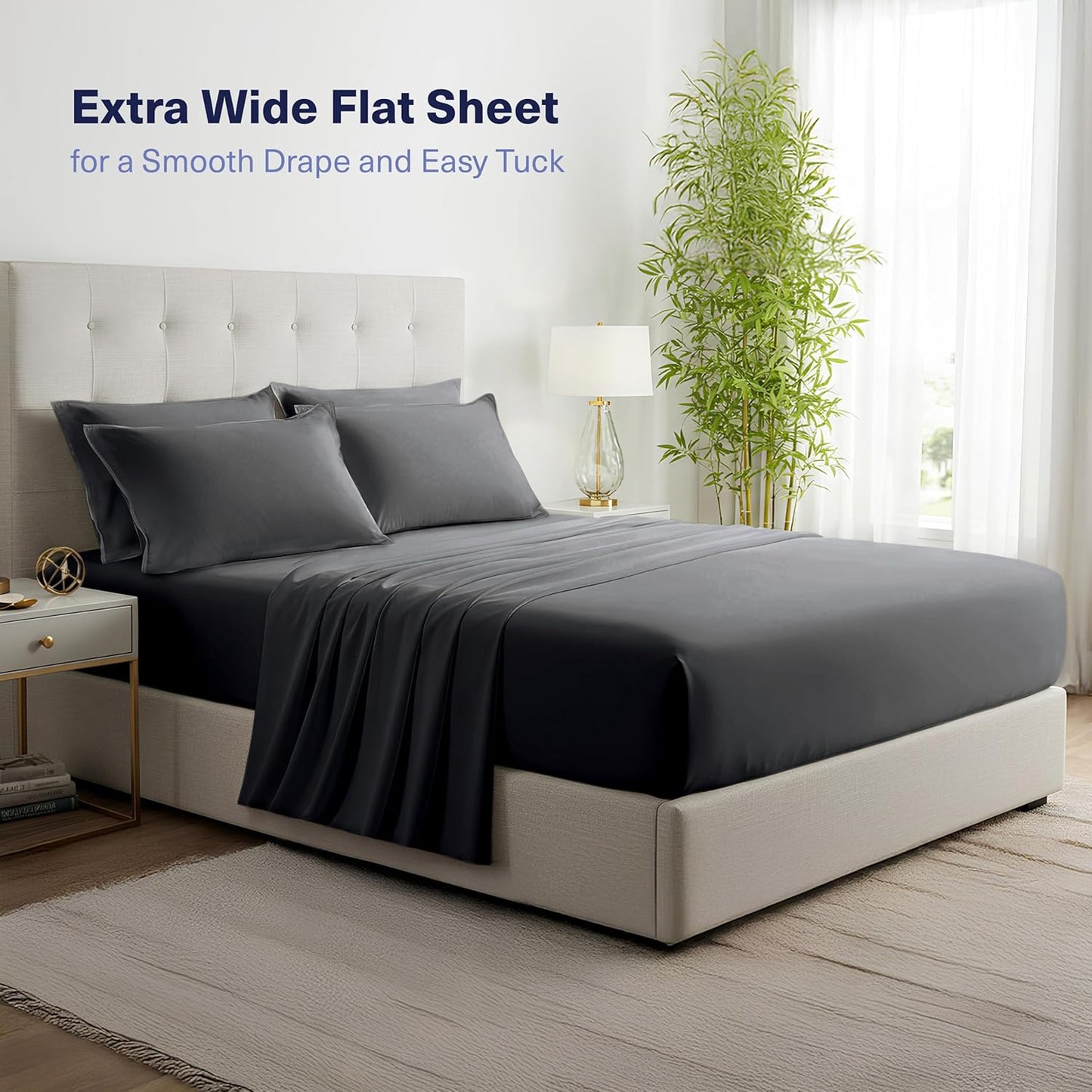 Kickoff Viscose Bamboo Sheets Queen Size 4-pc 100% Organic Bamboo Viscose Bed Cooling Sheets Queen Size Set Cool Bedding for hot Sleepers Sheet, Flat, Fitted, Pillowcases (Pewter, Q)