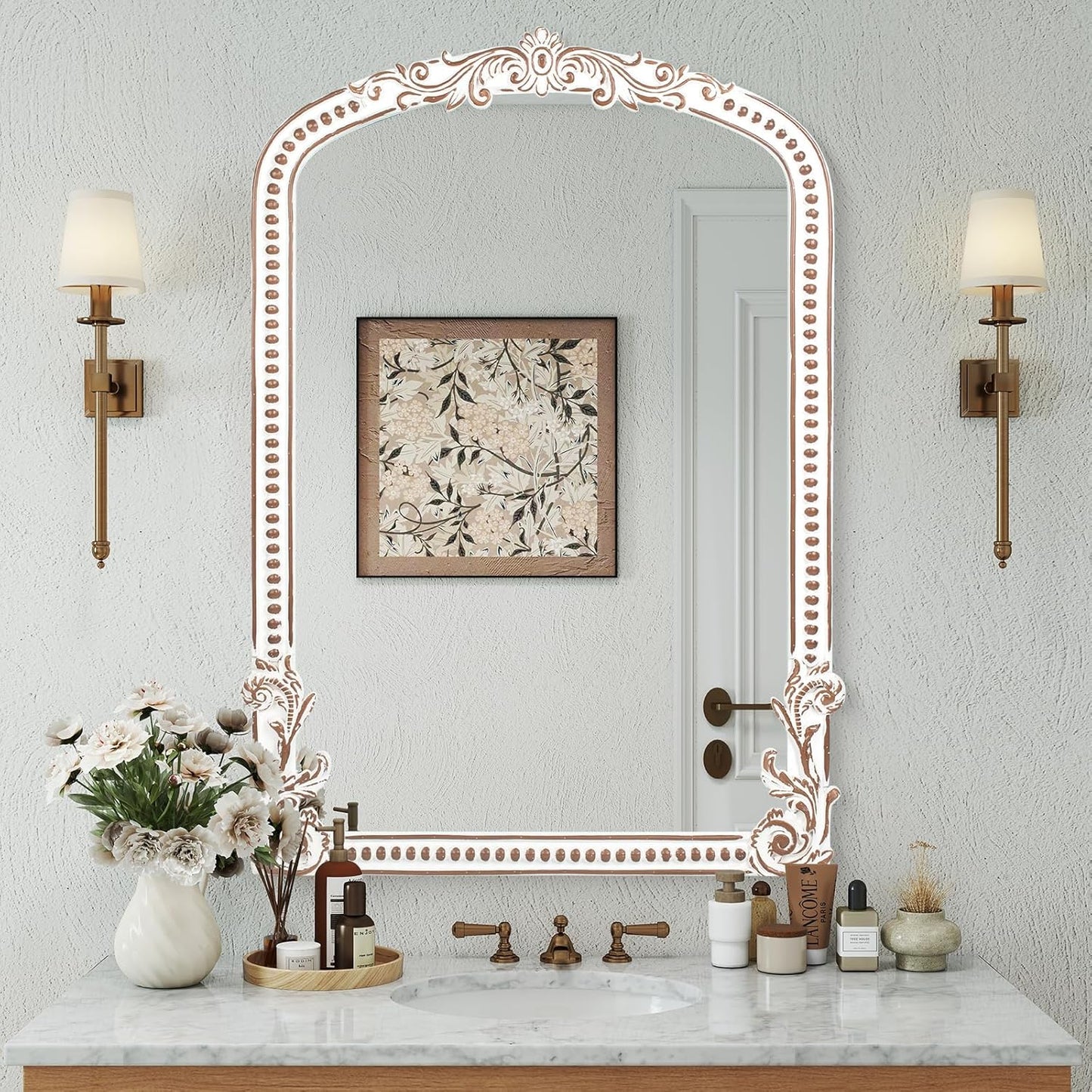 25x35 Inch Baroque Arched Wall Mirror Wooden, Rustic Farmhouse Decorative Mirrors for Fireplace, Entryway, Living Room, Bedroom, Bathroom