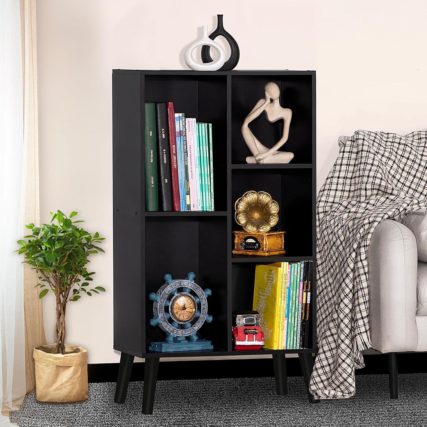 YAHARBO Small Black Narrow Bookshelf,3 Tier Modern Bookcase with Legs,Bookshelves Wood Storage Shelf,Rustic Book Shelves Cube Organizer,Display Bookcase