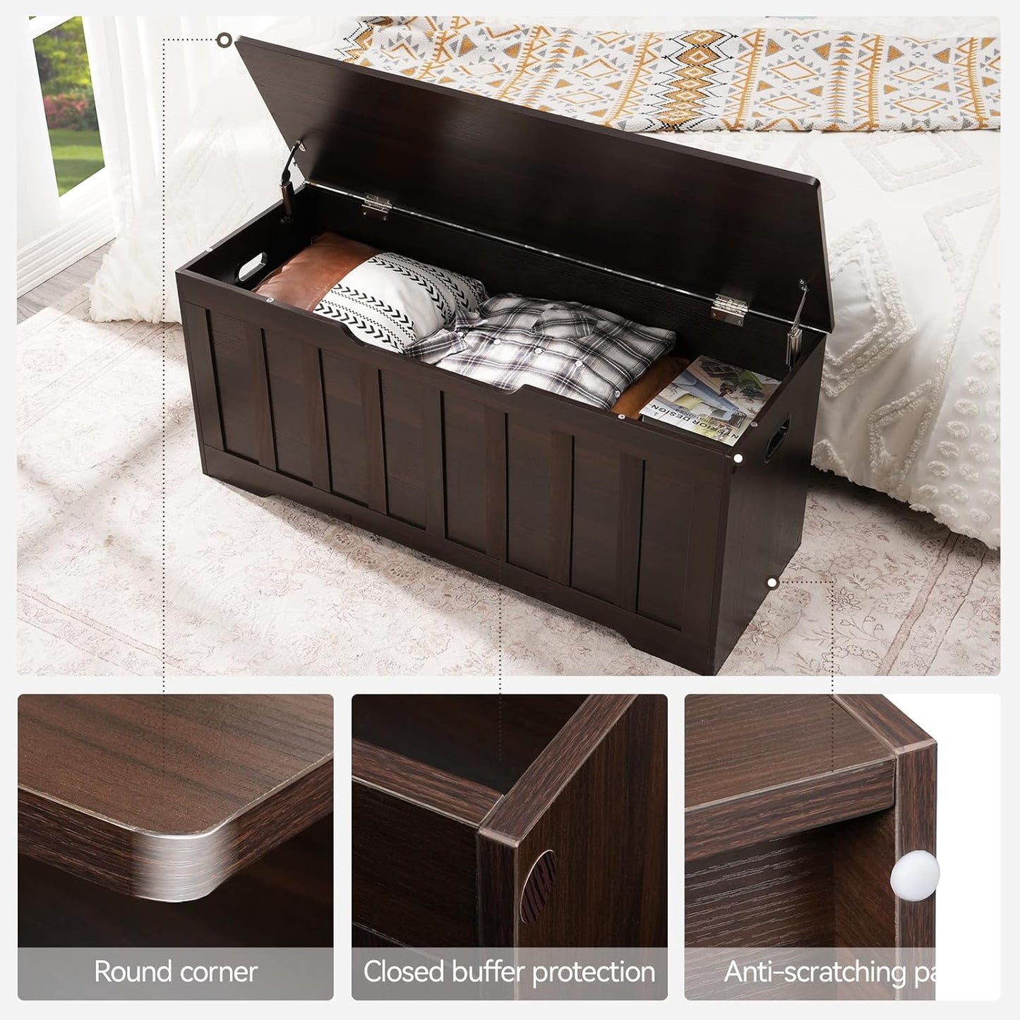 43.3" Storage Chest Extra Large,Storage Trunk with 2 Safety Hinges,Wooden Storage Bench,Shoe Bench,43.3x15.7x19.1 Inch,Easy Assembly,Storage Bench for Bedroom,Living Room,entryway(Espresso).