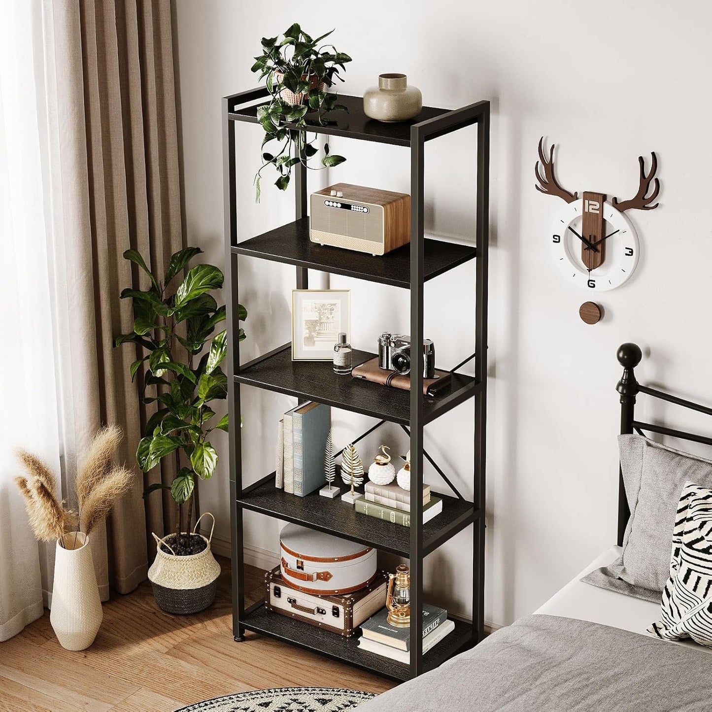 Casaottima Book Shelf, 5 Tier Bookshelf, Modern Wood Bookcase Shelves for Bedroom, Industrial Display Shelf for Living Room Home Office Kitchen, Standing Shelving Unit Storage Organizer, Black