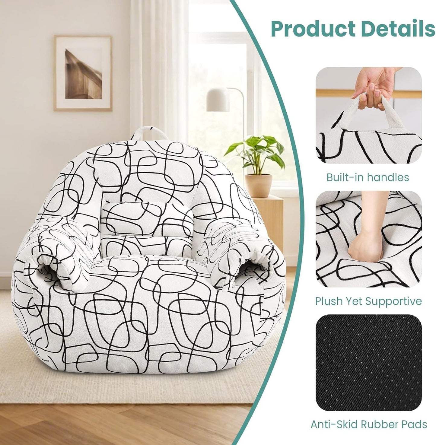 DAICO Bean Bag Chairs for Adults Bean Bag Sofa with Armrests Comfy Accent Chair White Single Lazy Floor Sofas with Foam for Living Room Reading Bedroom Gaming Office (Stripe Pattern)