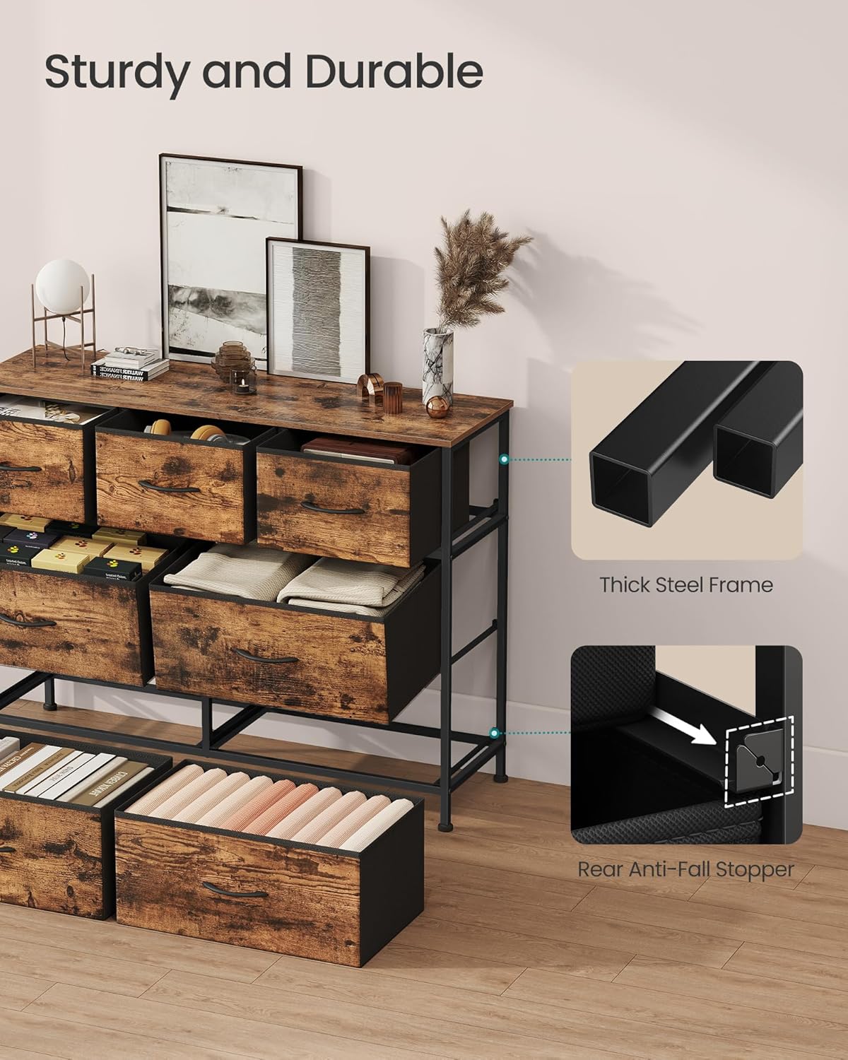 SONGMICS Dresser for Bedroom, Chest of Drawers, TV Stand, Steel, MDF, 7 Non-Woven Fabric Drawers, Storage Organizer Unit, Closet, Entryway, Rustic Brown and Ink Black ULGS323B02S