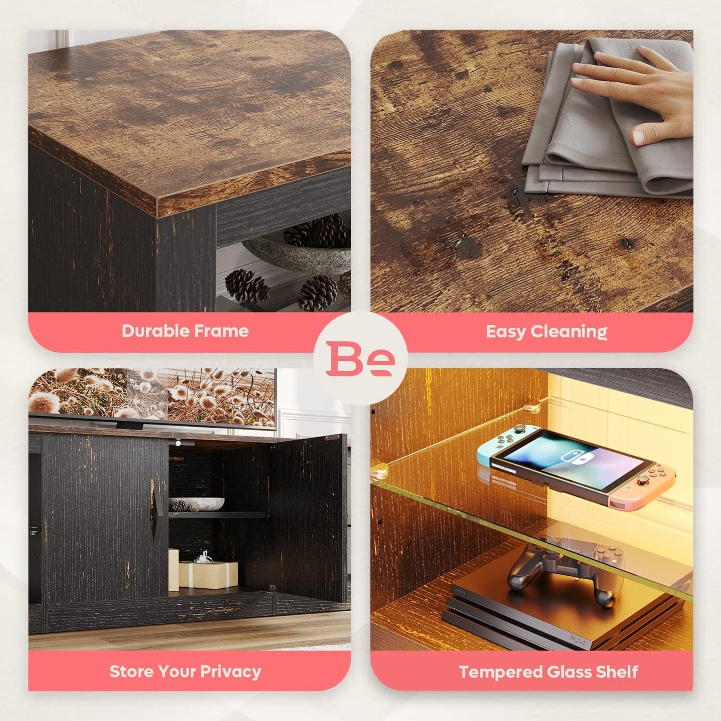 Bestier 70 Inch Led TV Stand for 75 Inch TV Large Entertainment Center Gaming with Adjustable Glass Shelves Two Cabinets Modern TV Console for Living Room 22 RGB Modes, Golden Black