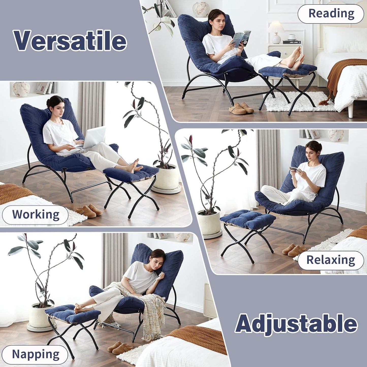 Welnow Accent Chair with Ottoman, Lounge Comfy Soft Leisure Metal Frame Reading Chair with Footrest, Upholstered Thick Cushion Seated Recliner Sofa for Living Room, Bedroom, Dorm, Navy