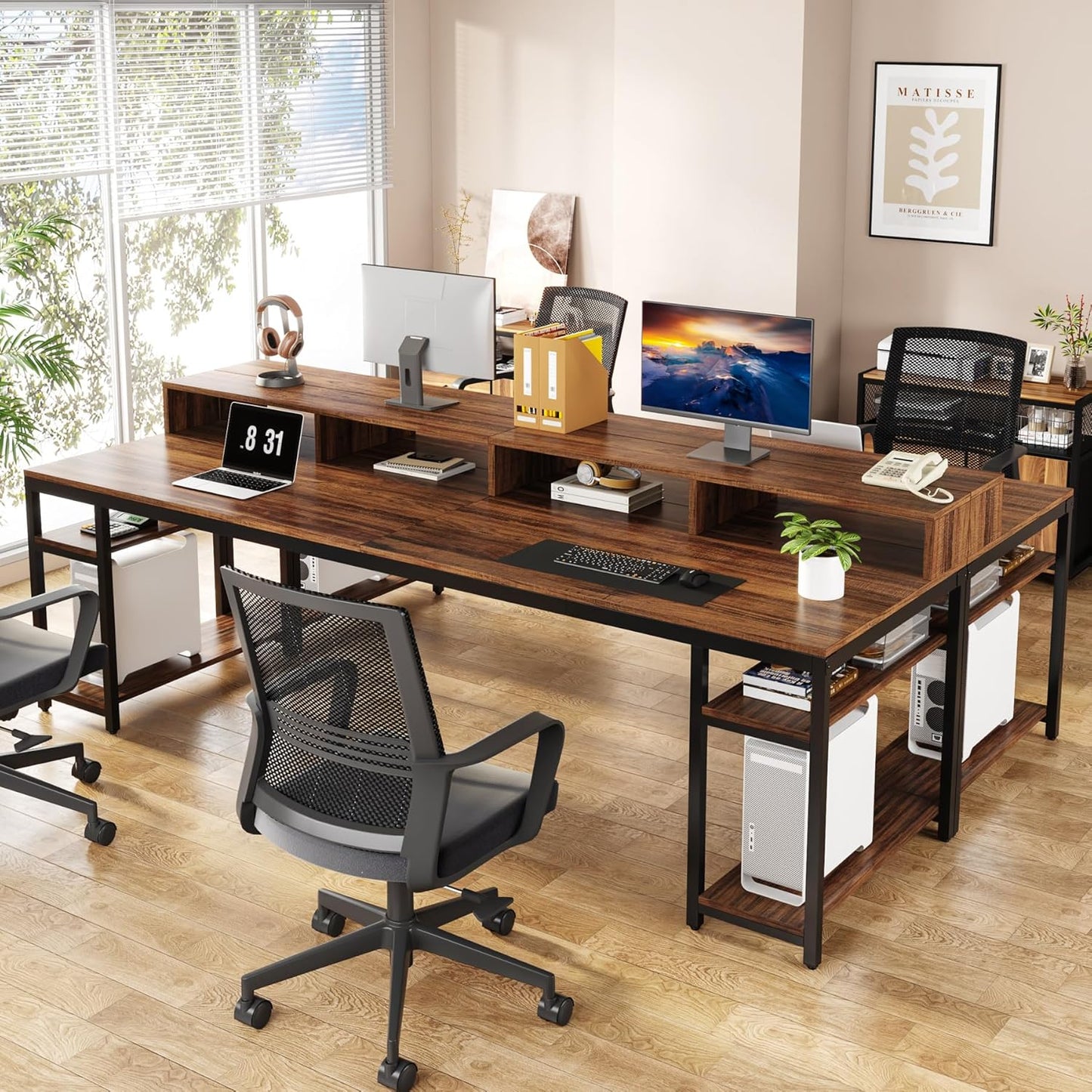Tribesigns Two Person Desk with Monitor Stand, 78.74" Long Double Computer Office Desk with Storage Shelves, Large Gaming Study Writing Table Workstation for Home Office (Rustic Brown)
