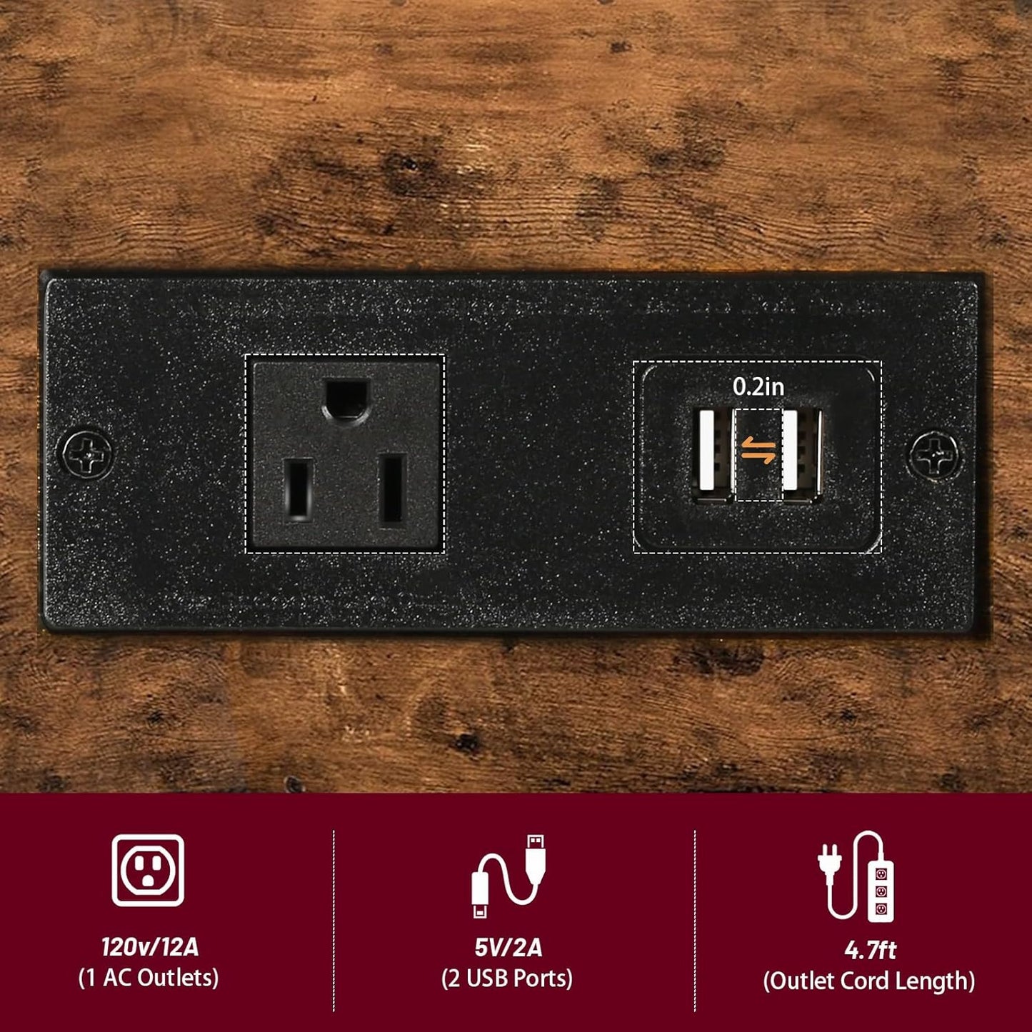 Side Table with Charging Station and Drawer, Narrow End Table with USB Ports and Outlets for Small Space, Living Room, Bedroom and Office, with 4 Wheels (1, Rustic Brown + Black)