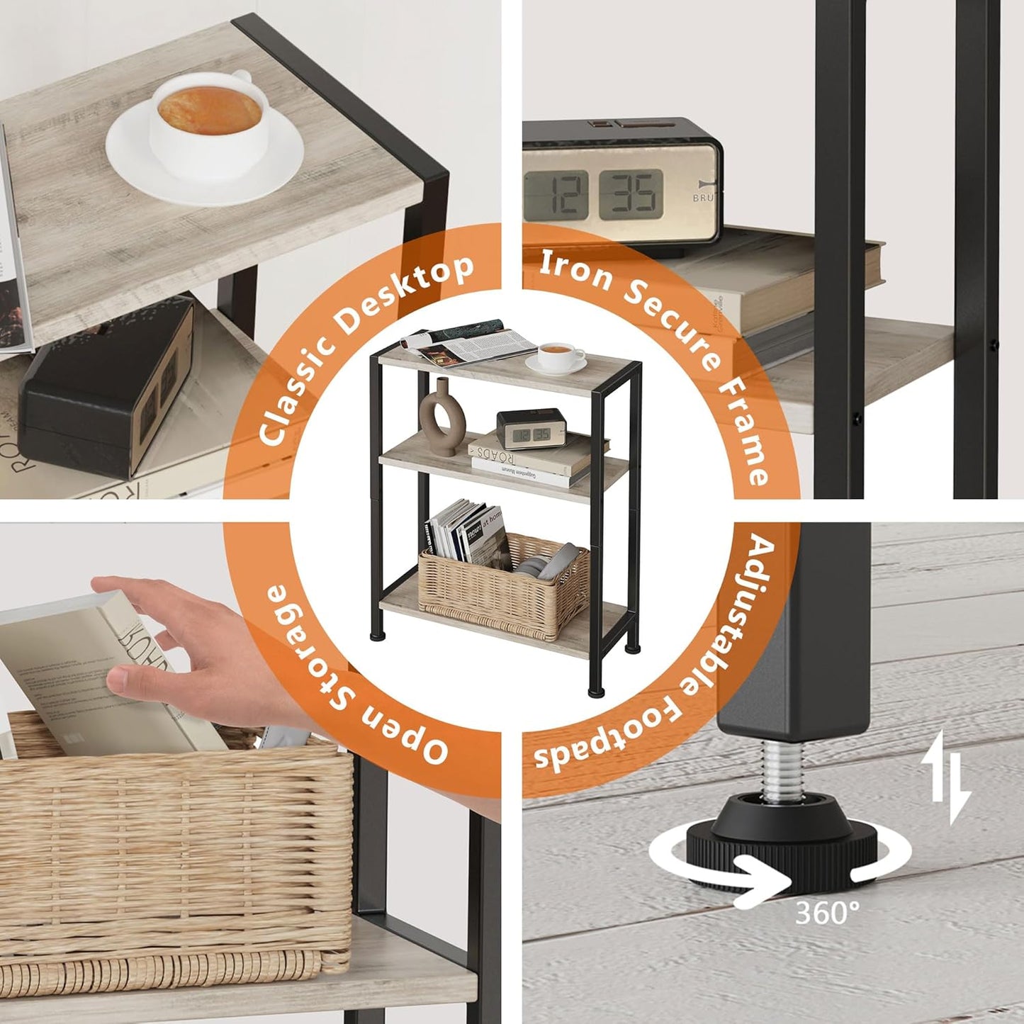 3-Tier Side Table, Small EndTable, Sofa SideTable for Narrow Spaces, Slim EndTable, NightstandTable, Skinny Bedside Table, for Living Room, Bedroom, Office, Greige