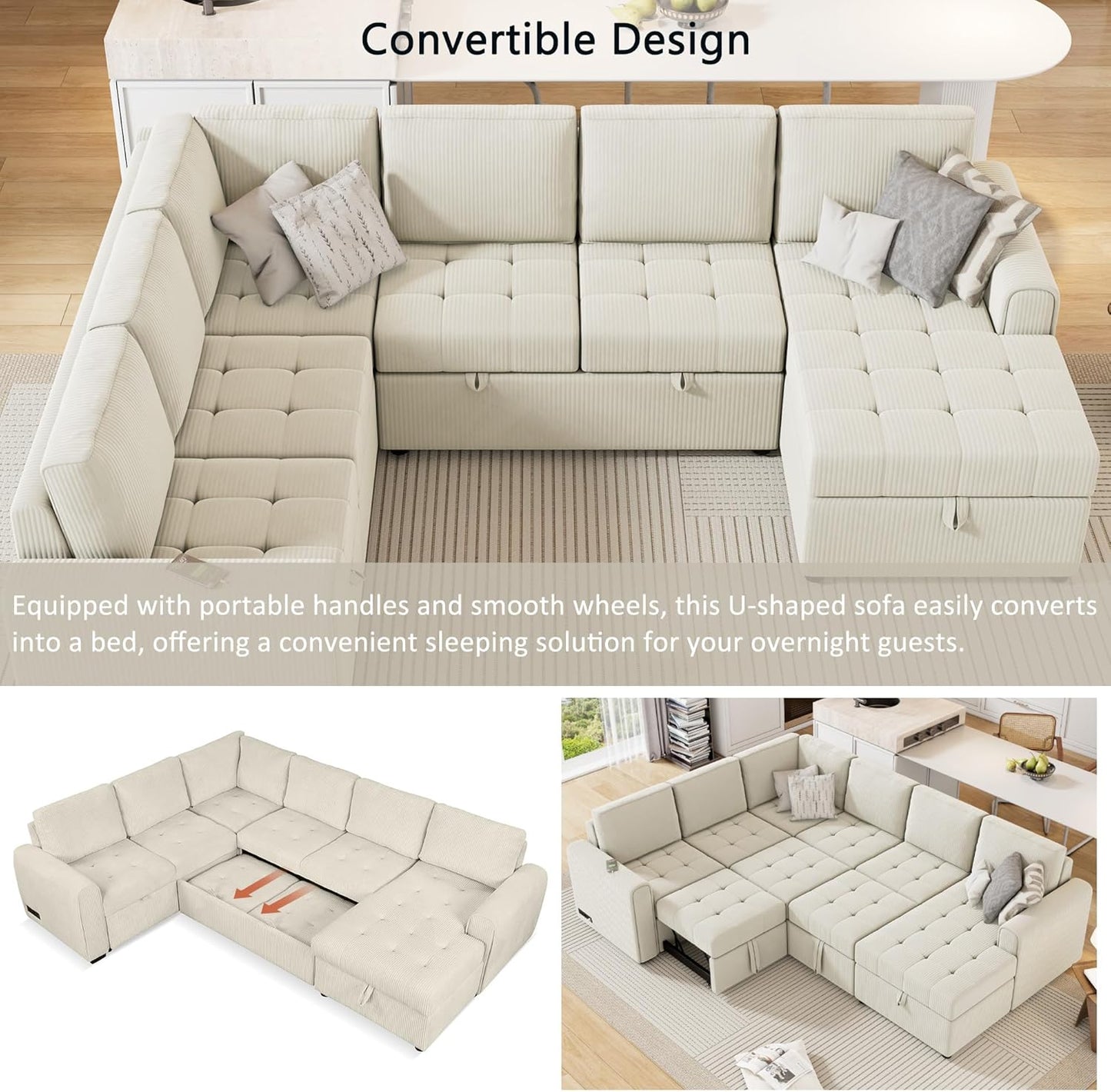 107.5" Corduroy U Shaped Sofa,Sectional Sleeper Couch Pull Out Bed with Storage Chaise,Convertible Corner Sofa-Bed w/Portable Handles and Smooth Wheels,2 USB,for Living Room,Beige
