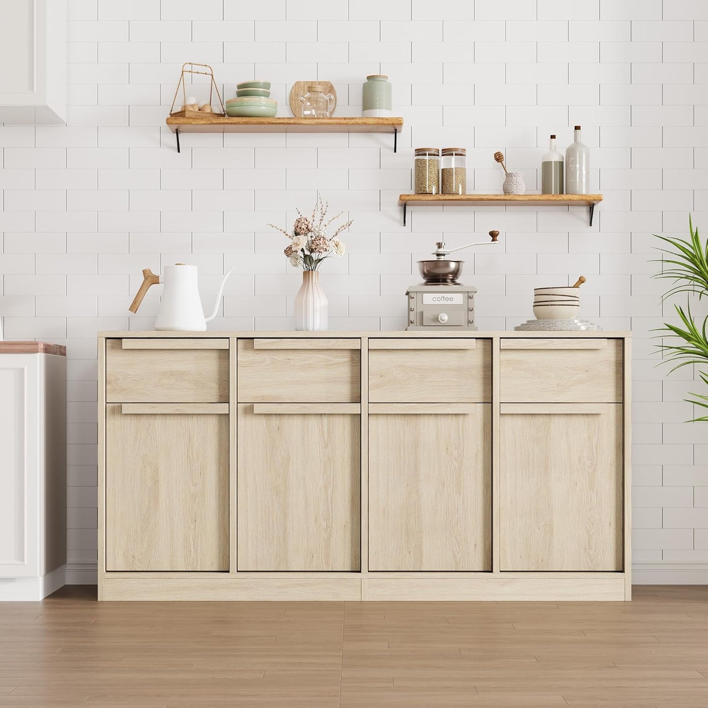 GarveeHome Sideboard Buffet Cabinet with 4 Drawers, 62.4" Large Coffee Cabinet with Storage, Modern Storage Buffet Table for Kitchen Dining Room, Living Room (Pear Wood, 4 Doors & 4 Drawers)