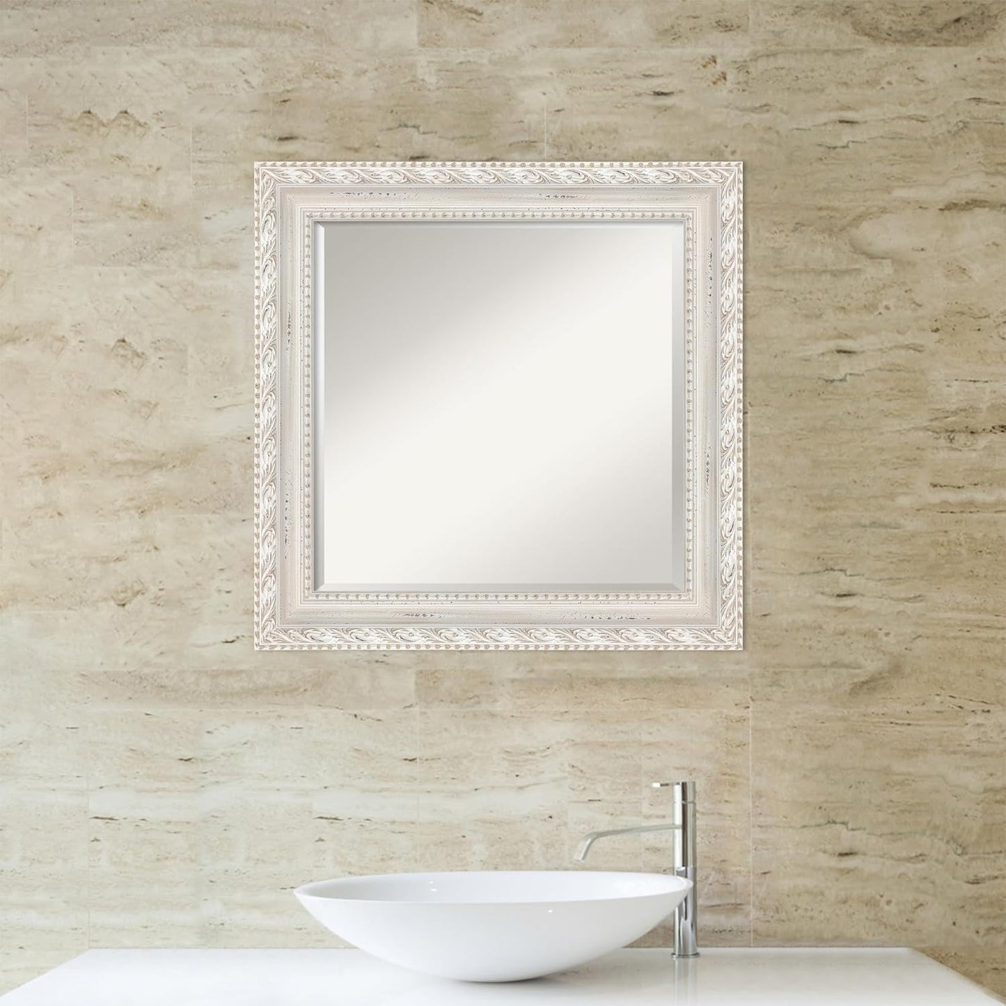 Amanti Art White Bathroom Mirror for Over Sink, 26x26 Opera Off White Square Vanity Mirror, Medium Traditional Wood Frame, Hangs Horizonally and Vertically, Bathroom Wall Decor, Beveled Edge from WI