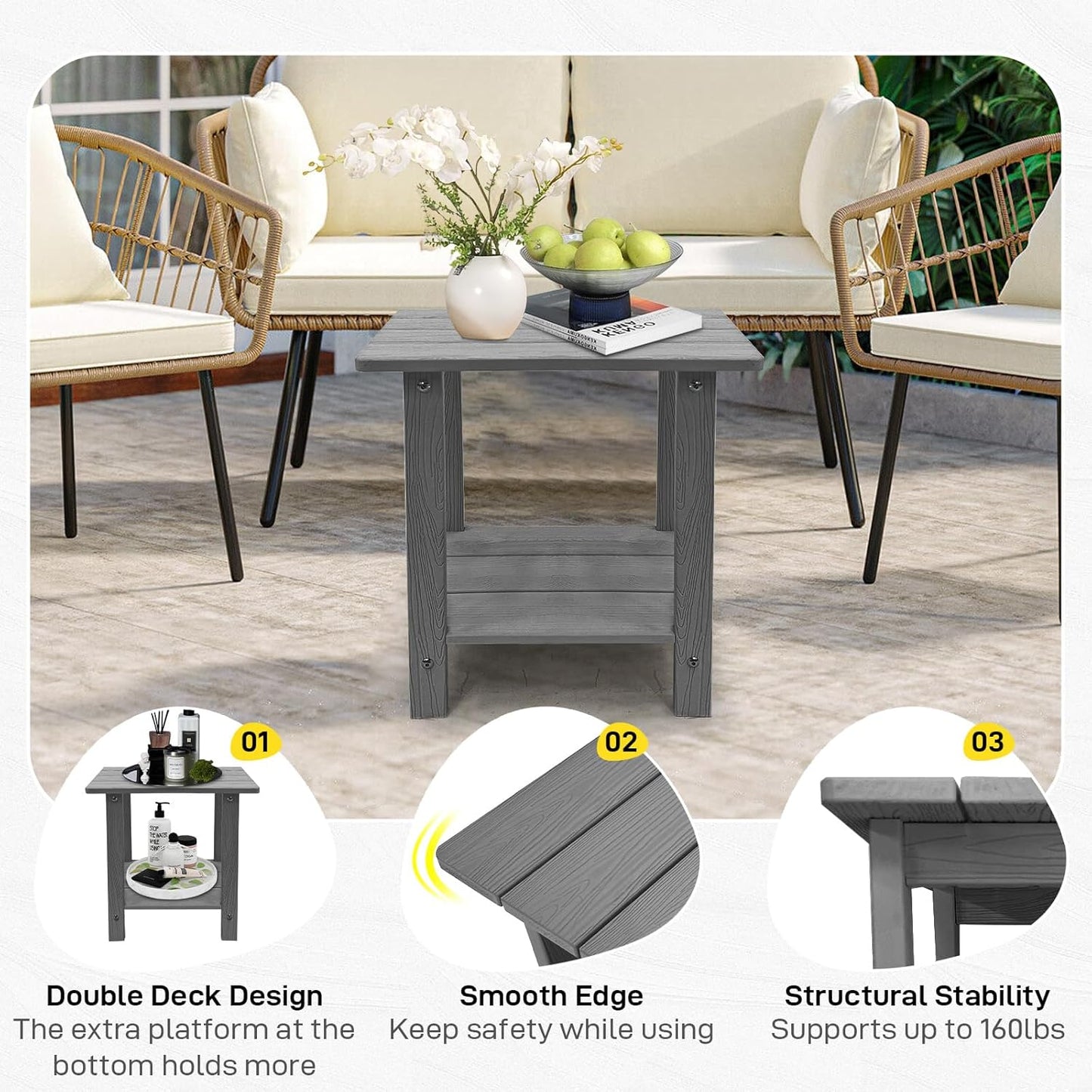 Melucivi Weather Resistant Outdoor Side Table, Double Small Adirondack Side Table for Adirondack Chair - Indoor Outdoor End Table, Patio Table for Pool, Deck and Porch (Dark Grey)