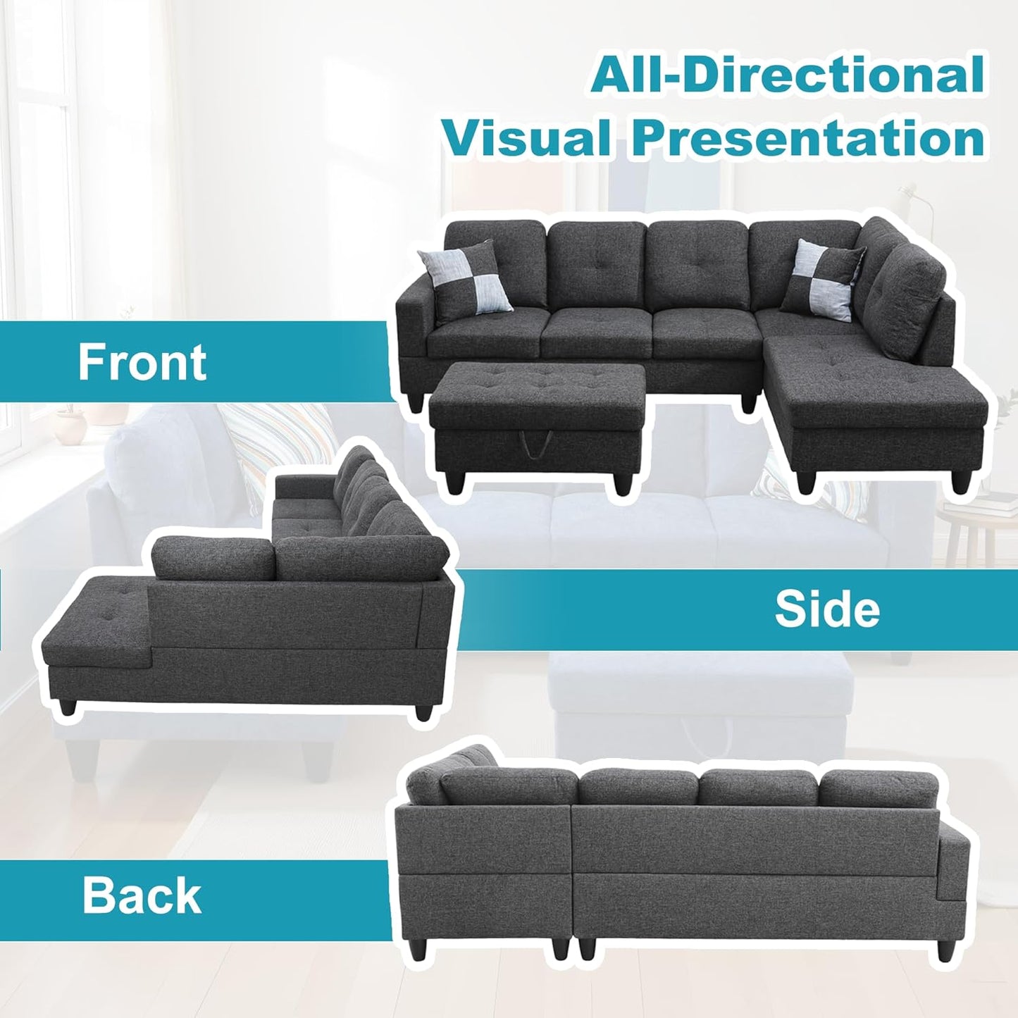 Couches for Living Room Modern L Shaped Couch Comfy Linen Fabric 3 Pieces Sectional Sofa with Chaise, Ottoman with Storage for Office and Small Apartment, Black Grey