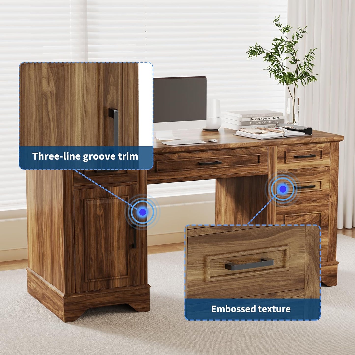 Executive Office Desk, Farmhouse 58" Office Desk with Storage, Wood Executive Computer Desk with Keyboard Tray, File Drawer, Storage Cabinet for Home Office Remote Work-Brown Wood