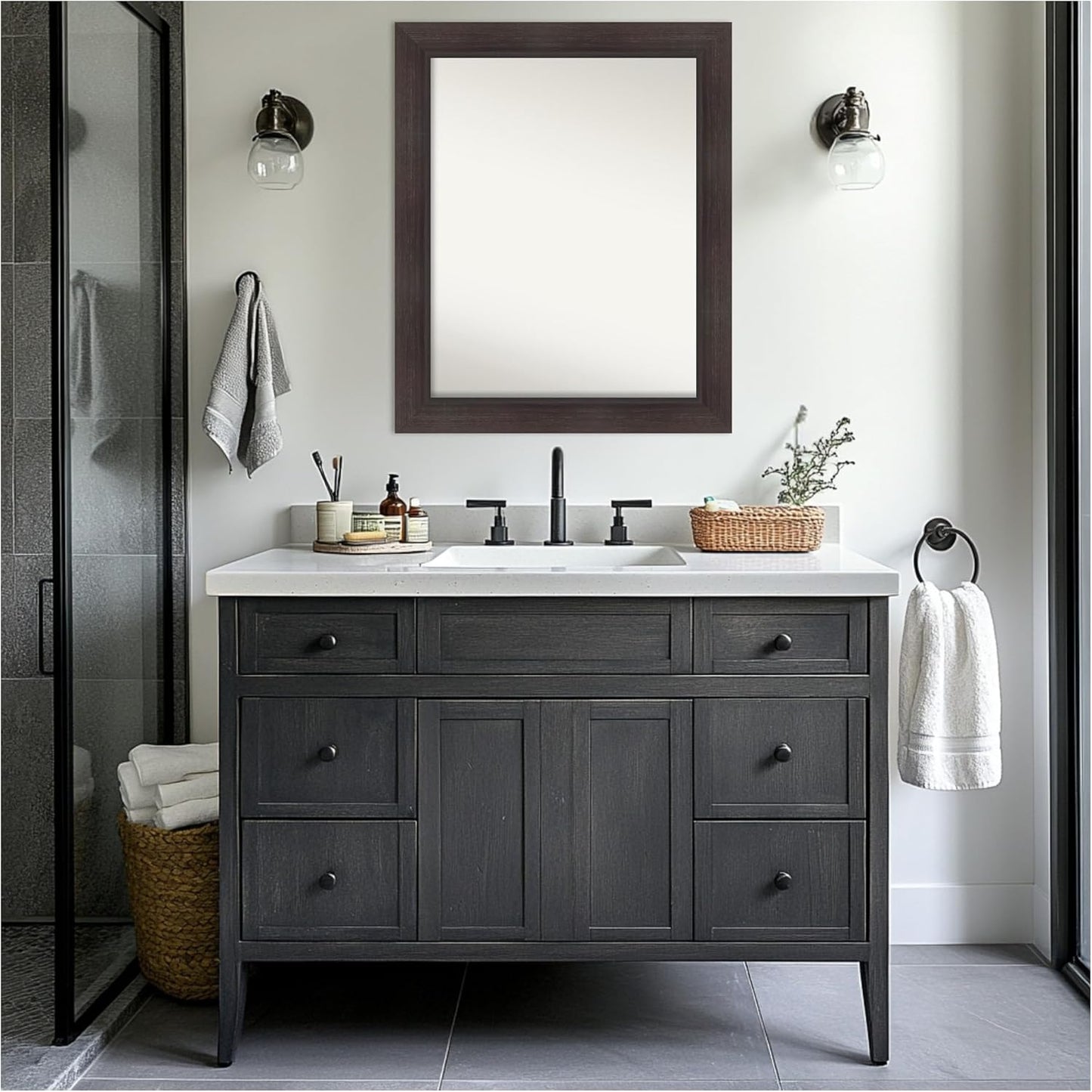 Amanti Art Brown Bathroom Mirror for Over Sink, 28x34 Sloped Espresso Rectangle Vanity Mirror, Large Modern Contemporary Frame, Hangs Horizonally and Vertically, Bathroom Wall Decor, Non-Beveled Edge