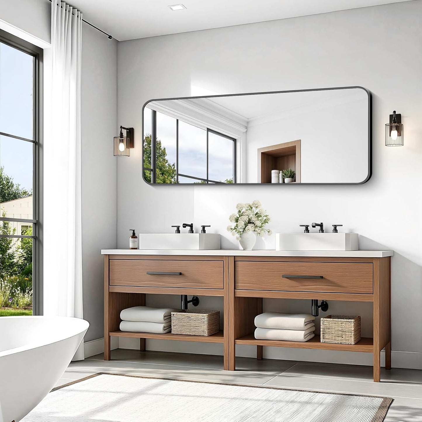 KOCUUY Black Bathroom Mirror 60"x24", Large Vanity Mirror with Rounded Corner, Metal Black Frame with Mordern Design for Bathroom, Living Room, Entryway, Hang Horizontal/Vertical