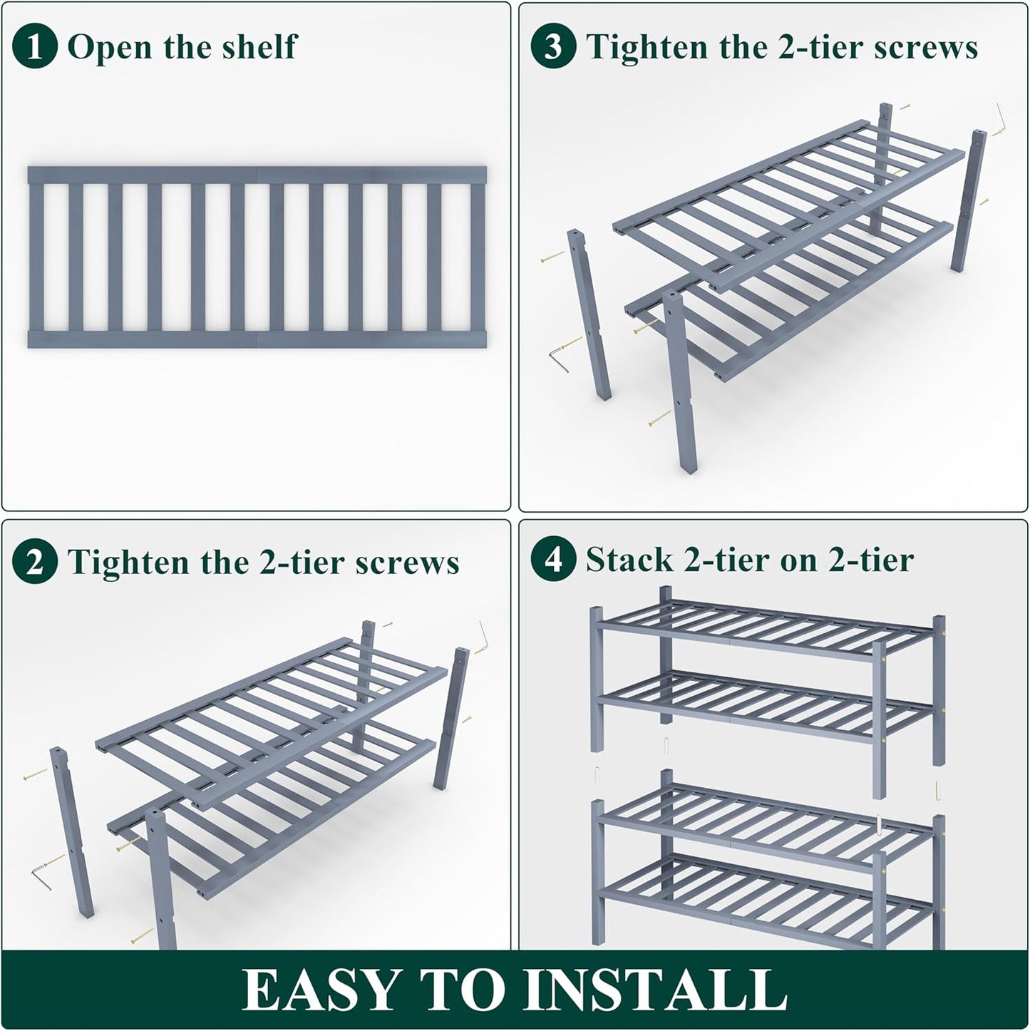 Smiry Shoe Rack, 4 Tier Bamboo Shoe Organizer, Stackable Free Standing Wooden Shoe Storage Shelf for Closet, Entryway, Front Door Entrance, Grey