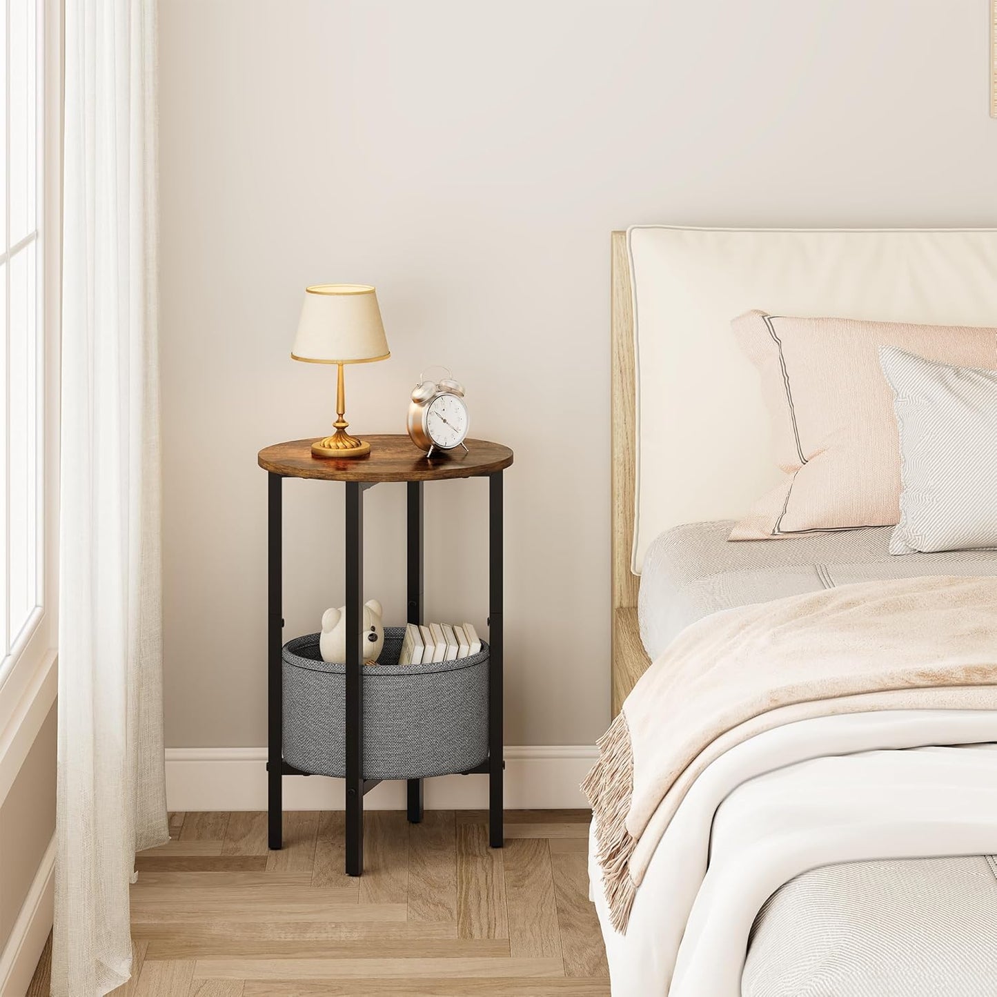 Vagusicc Round Side Table End Table with Storage Basket, Small Side Table Round Nightstand for Small Spaces, Tall Oval End Table with Steel Frame, Coffee Bedside Table for Living Room, Rustic Brown