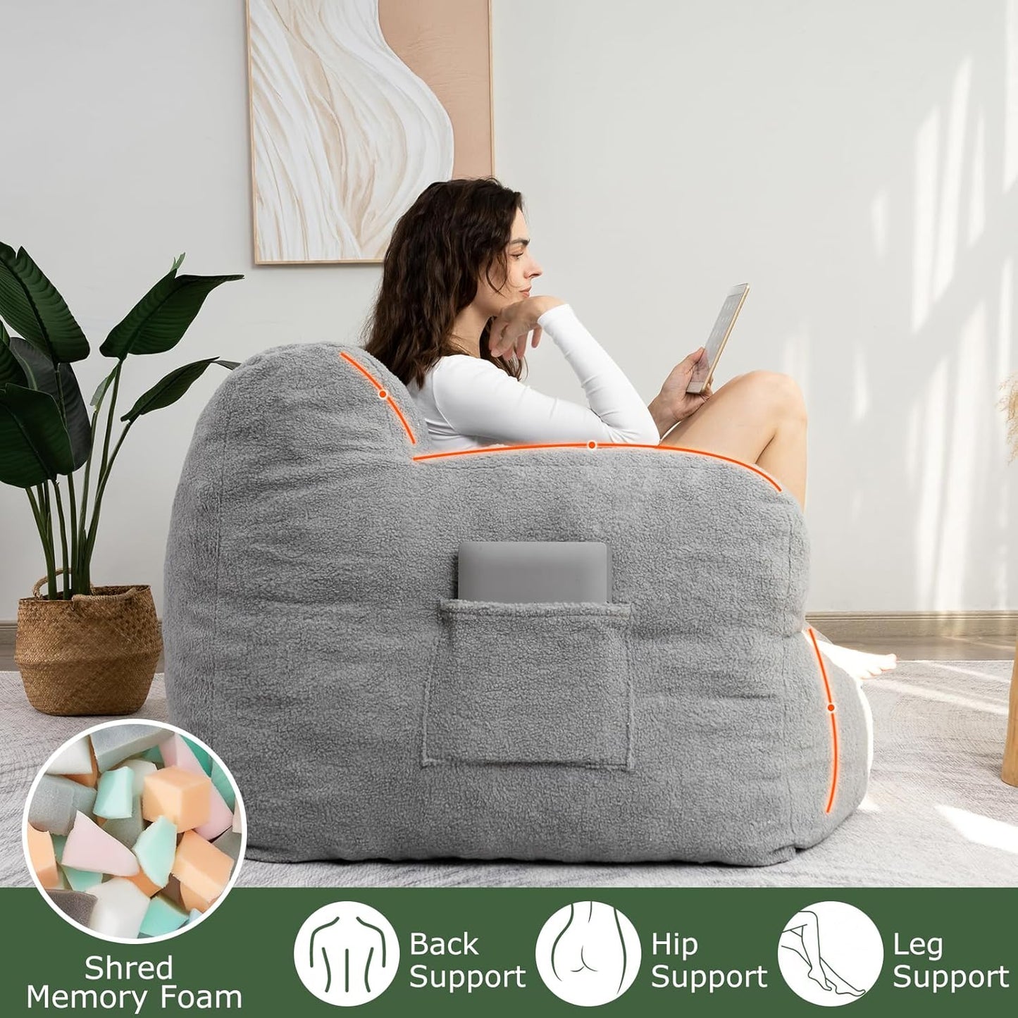 HIGOGOGO Giant Bean Bag Chairs for Adults,Big Comfy Chair Sofa for Bedroom Living Room, Large Lazy Bean Bag Chair with Pocket Armrests for Gaming, Reading