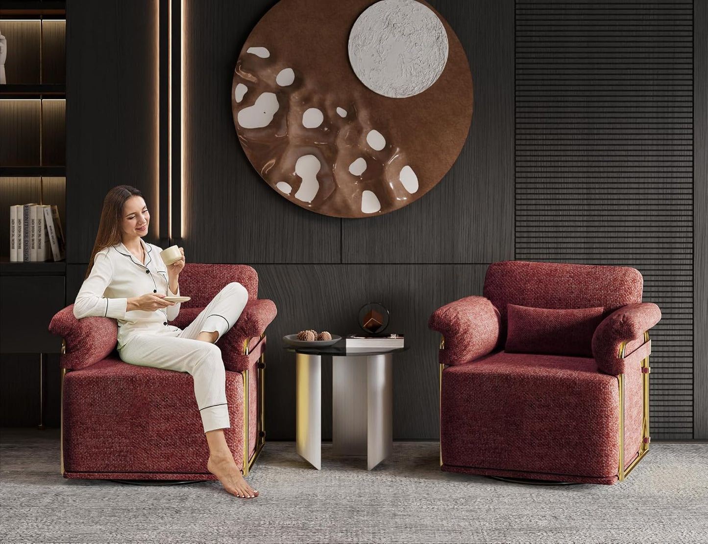 KEIKI Modern Comfy Swivel Accent Reading Chair with Waist Pillows, 360°Square Upholstered Barrel Armchair Single Club Lounge Sofa Chairs for Living Room,Bedroom,Office,DarkRed