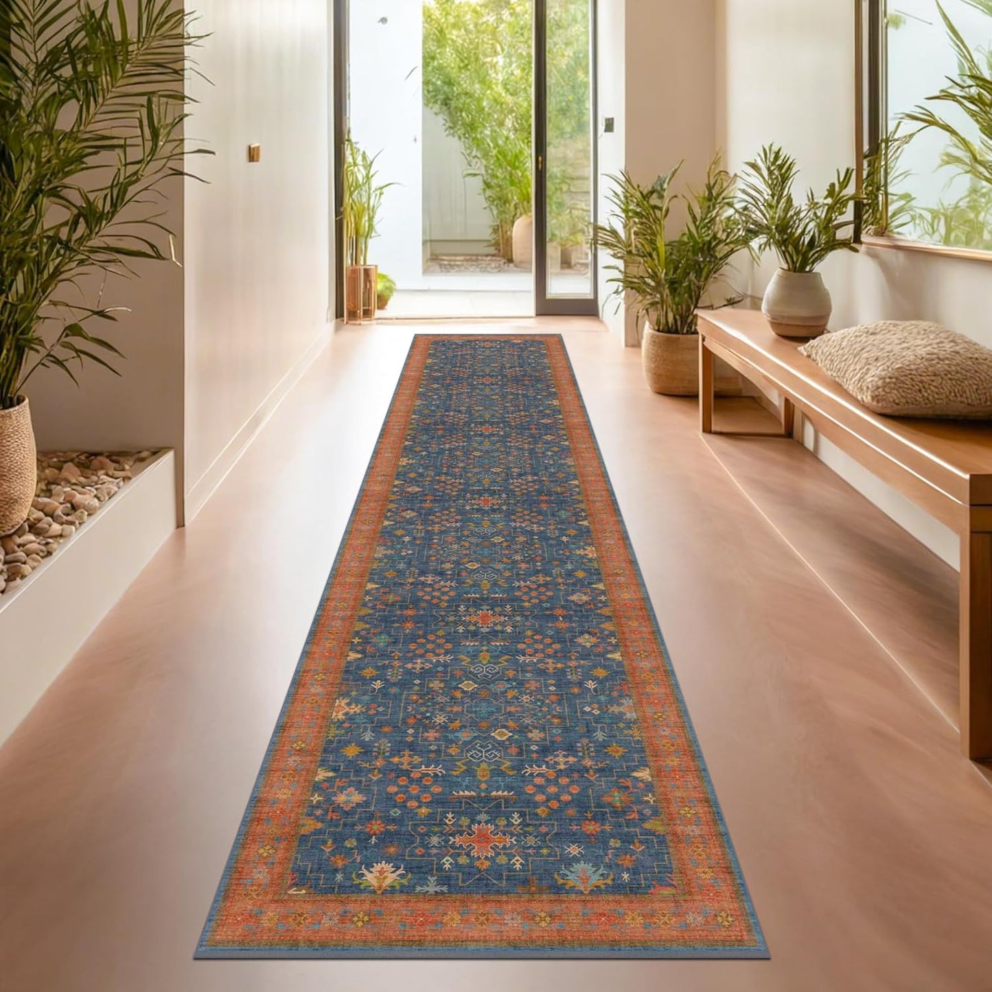 Navy Blue Washable Hallway Runner Rug 2x10 Non Slip Rugs for Kitchen, Mudroom, Bathroom, Hall Way - 10 ft Long Dark Boho Geometric Decor, Fade & Stain Resistance