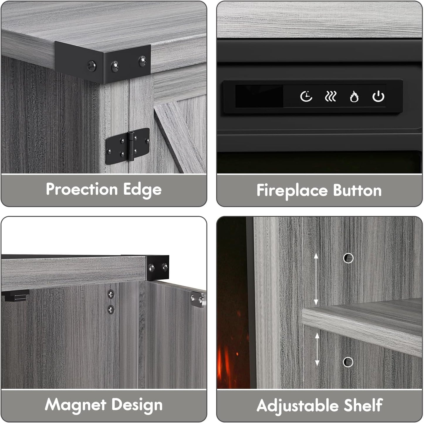 YESHOMY Fireplace TV Stand with Two Barn Doors and Storage Cabinets for Televisions up to 65+ Inch, Entertainment Center Console Table, Media Furniture for Living Room, 58 Inch, Gray Wash