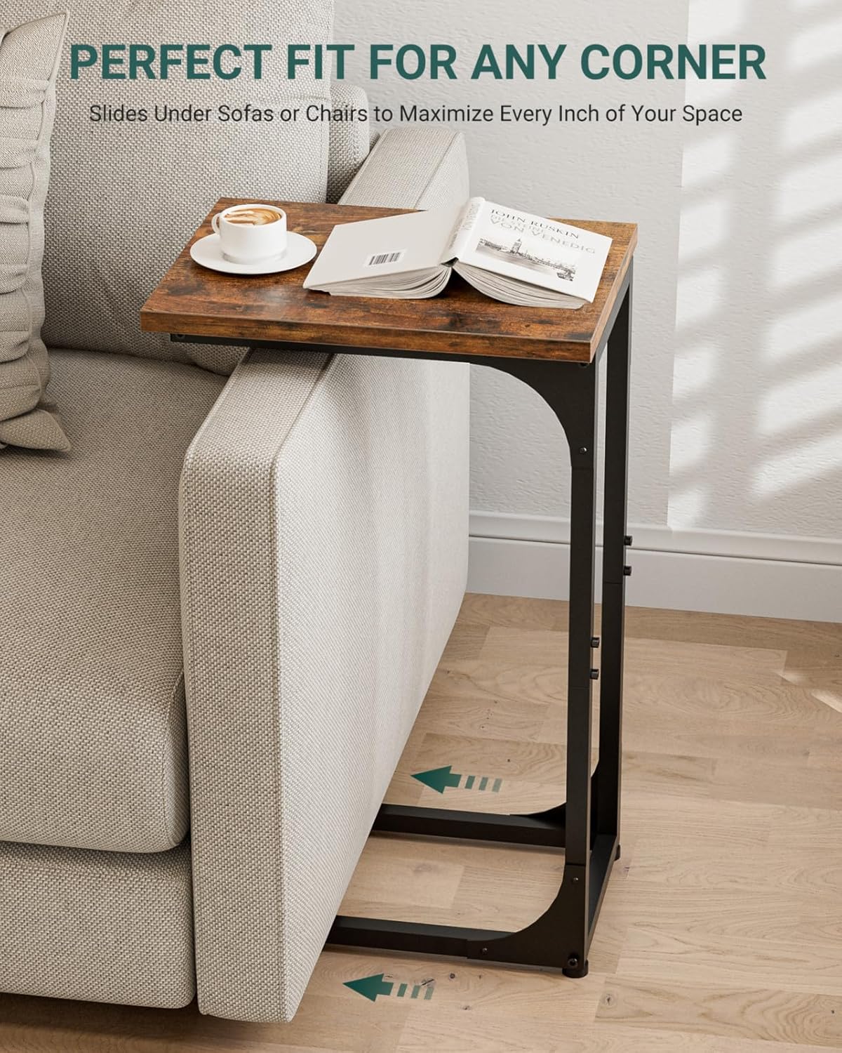 C-Shaped Side Table for Couch - Small Coffee Stand Sofa Tray Desk with Metal Frame and Waterproof Scratch Resistant, Modern End Accent for Living Room, Bedroom, Set of 2, Rustic Brown