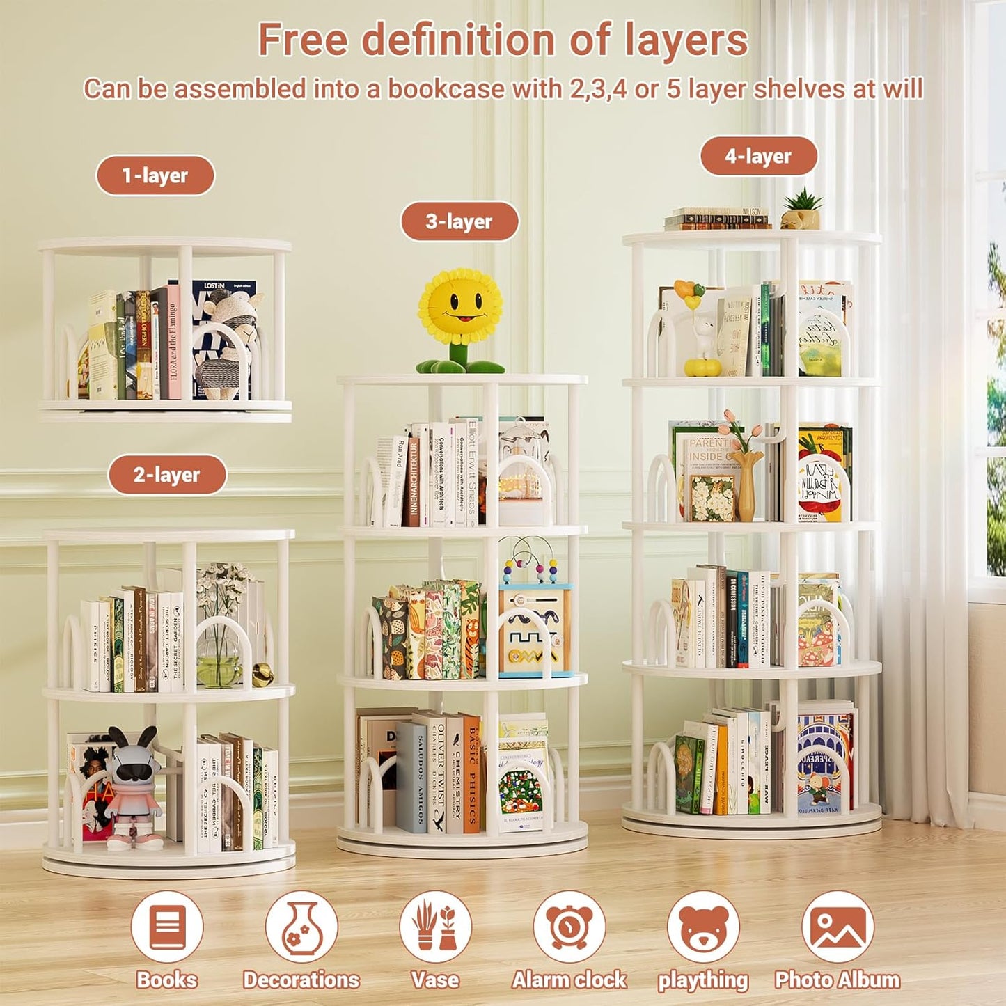 Aheaplus 4 Tier Rotating Bookshelf Tower, 360 Display Spinning Bookcase, Revolving Round Book Shelf Narrow Swivel Bookshelf, Vertical Turning Spiral Corner Book Organizer for Small Space, White